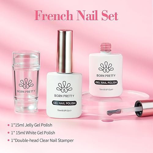 Miniatura 7 de Born Pretty Kit de manicura francesa, sello de uñas y 2 esmaltes de uñas de gel, incluye gelatina de colores rosa lechoso blanco para punta