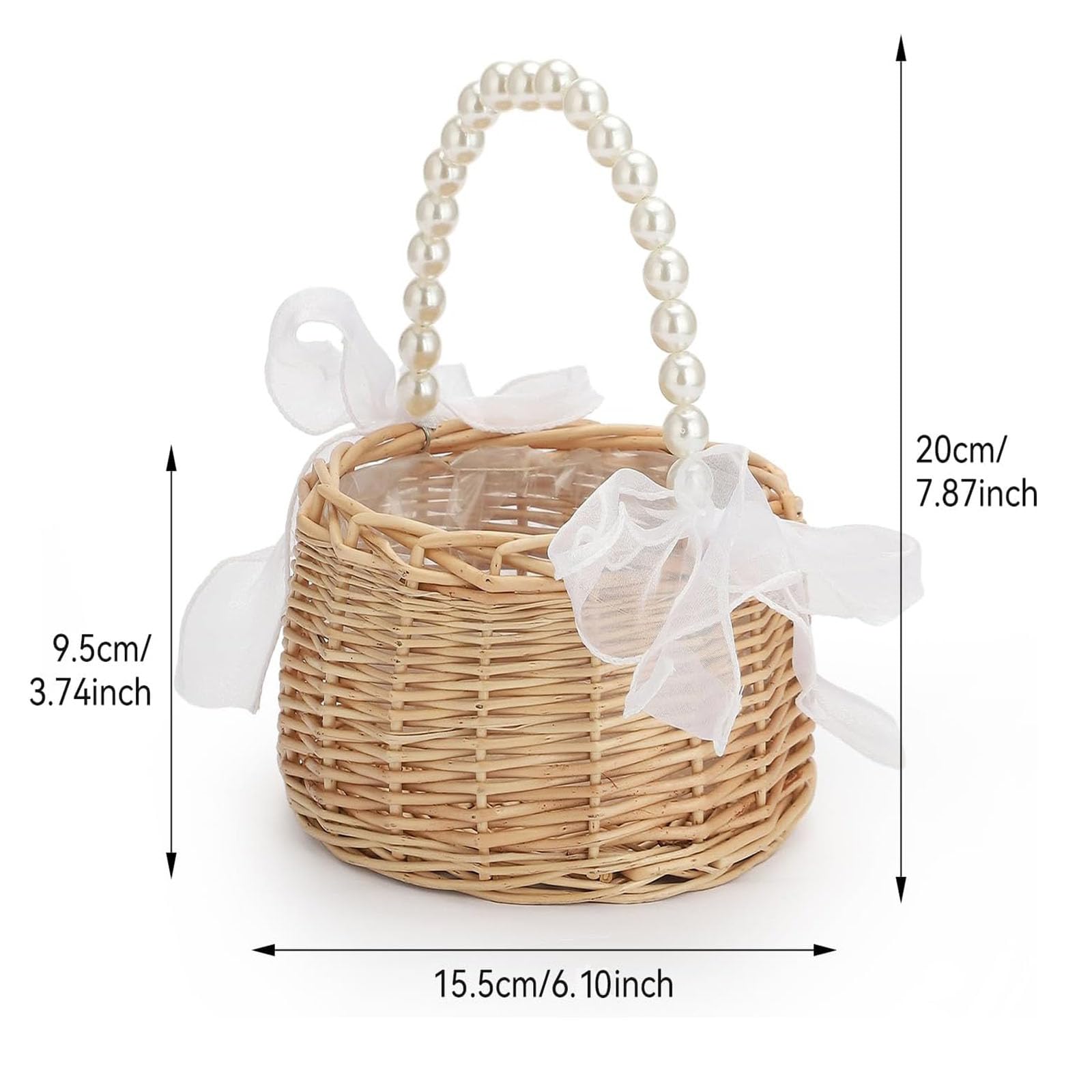 Weidenkorb aus Rattan mit Perlengriff, niedlicher Weidenkorb, Osterkorb, Schleife, Blumenkörbe für Hochzeit, Heimdekoration (16,5 x 19,8 cm)