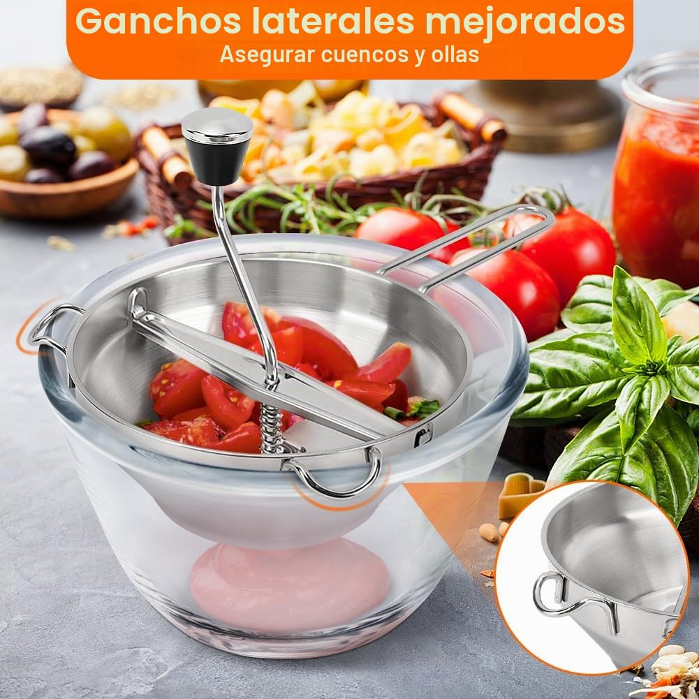 Molinillo de alimentos de acero inoxidable, prensa de patatas con 3 placas de trituración intercambiables, trituradora manual de alimentos, molinillo de cocina para macerar, tamizar frutas