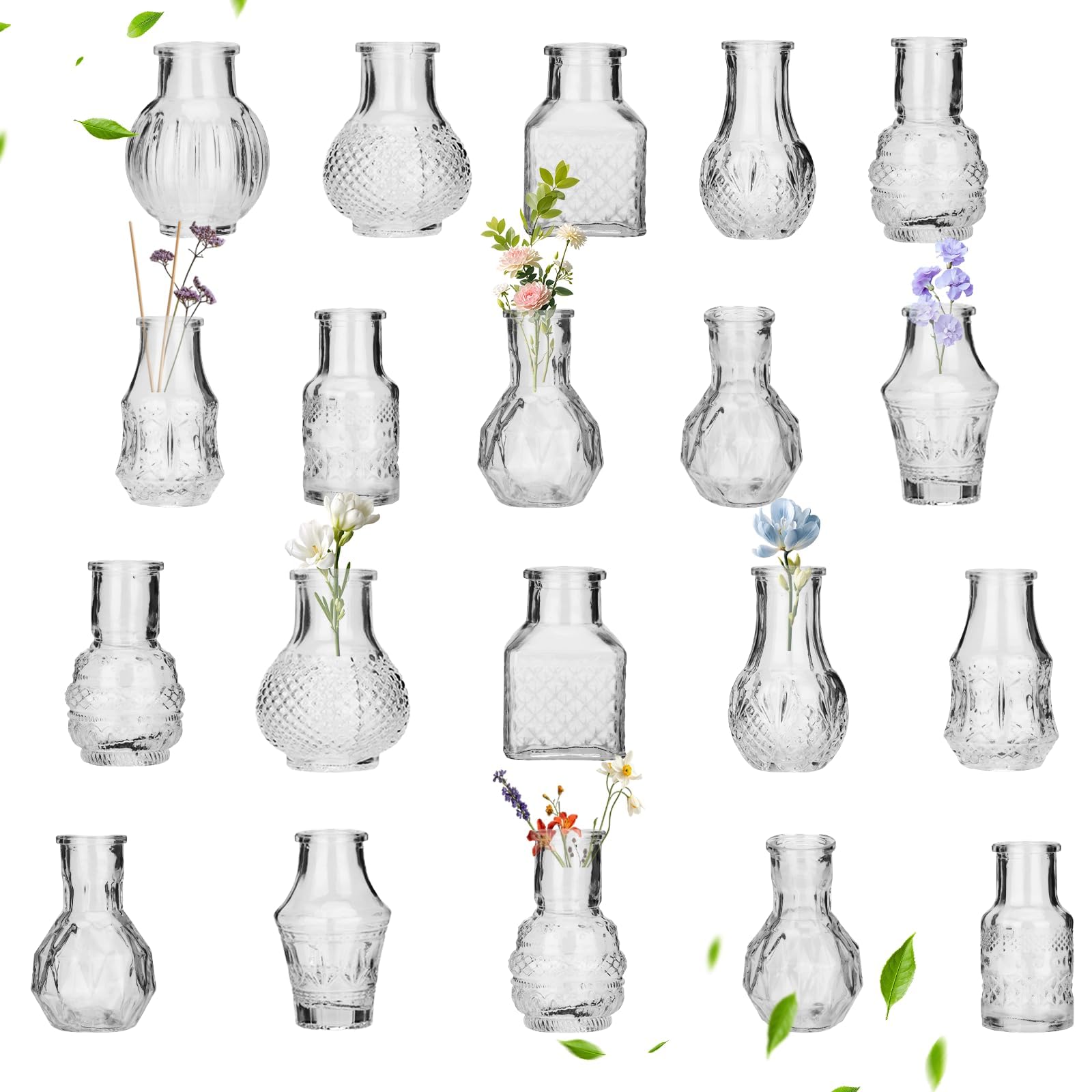 WUSUPU Juego de 20 mini jarrones de cristal, pequeños jarrones decorativos, vintage, minijarrones de diferentes tamaños, para mesa, decoración, centro, hogar, cumpleaños, festivales