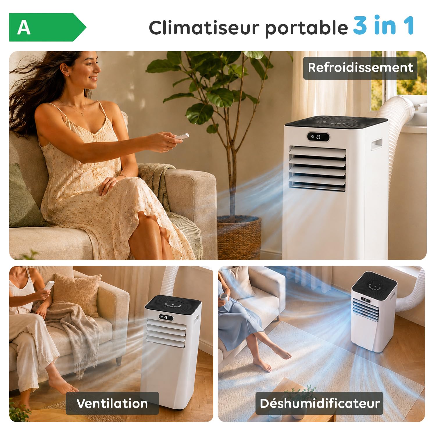 Wintem Nuvelle A010L Climatiseur Portable 9000 BTU Wi-Fi – Climatiseur Portable Chaud/Froid Classe A, Surface 18 m², Minuterie, Contrôle Smartphone, Silencieux