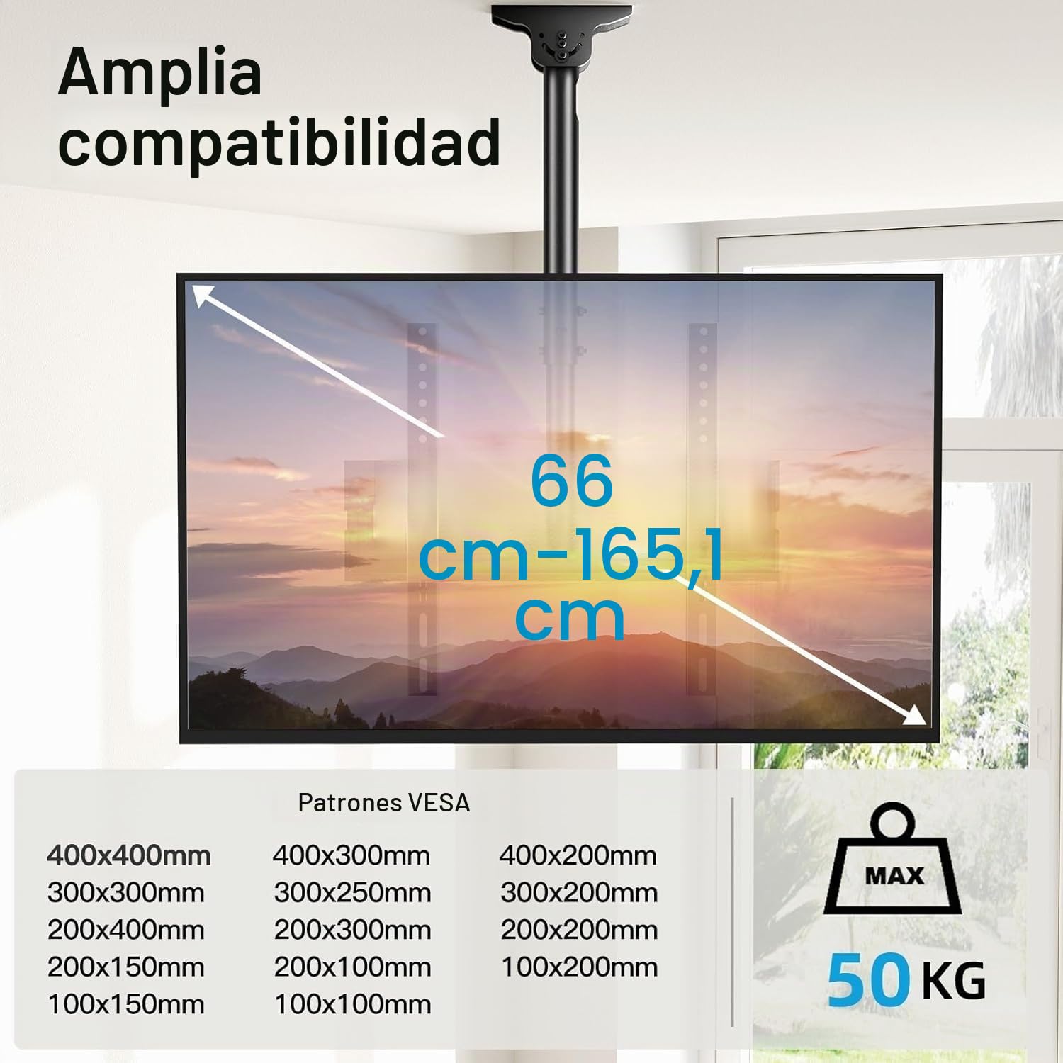 PERLESMITH Soporte para TV - Soporte Giratorio Ajustable para Pantalla de 26 a 65 Pulgadas - Soporte de Techo para TV de Movimiento Completo, Soporta hasta 50 kg con VESA 400 x 400