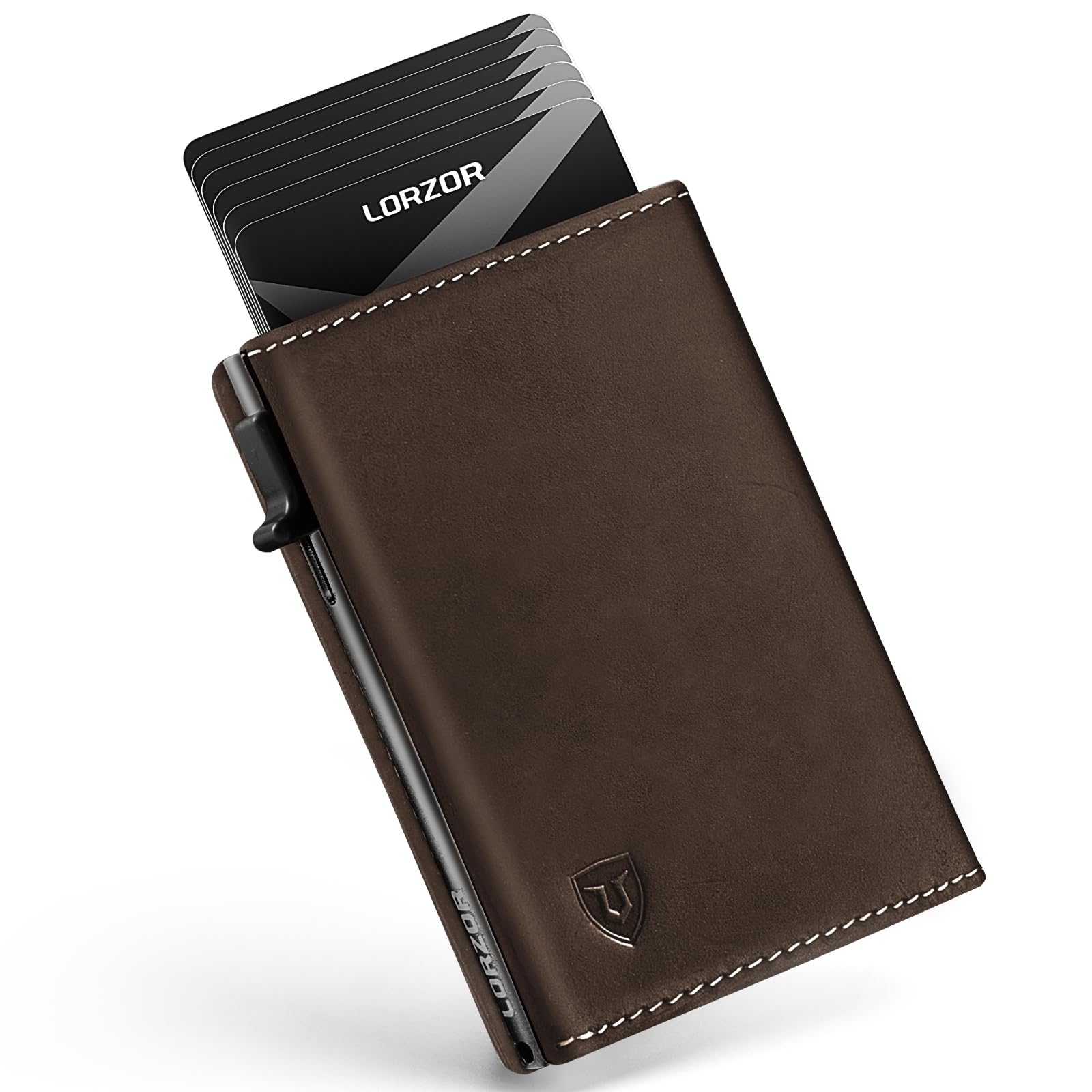 Wallet for Men with Metal Card Holder, Pop Up Wallet, Finest Full Grain Leather Trifold Wallet, Smart, Minimalist, RFID Blocking, Front Pocket, ID Window, Brown/Grey