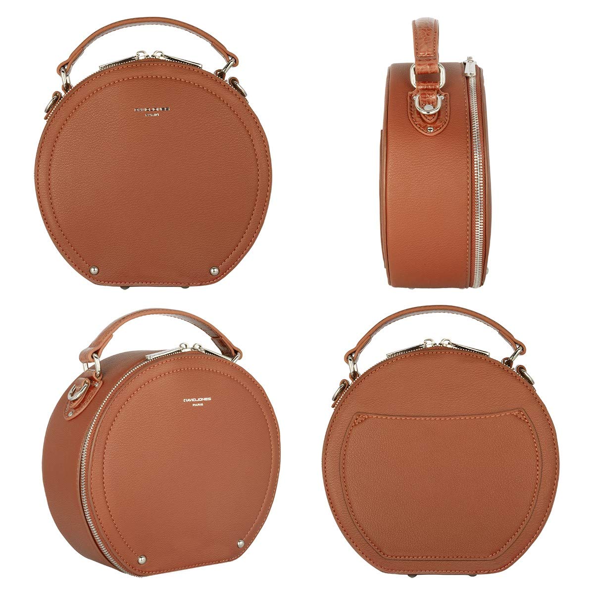 David Jones - Bolso Bandolera Redondo Mujer - Bolsos de Hombro Circular Cuero Piel PU - Bolso de Mano Pequeños Asa Superior - Mensajero Cruazado Crossbody Bag - Pochette Elegante Señora - Marrón Camel