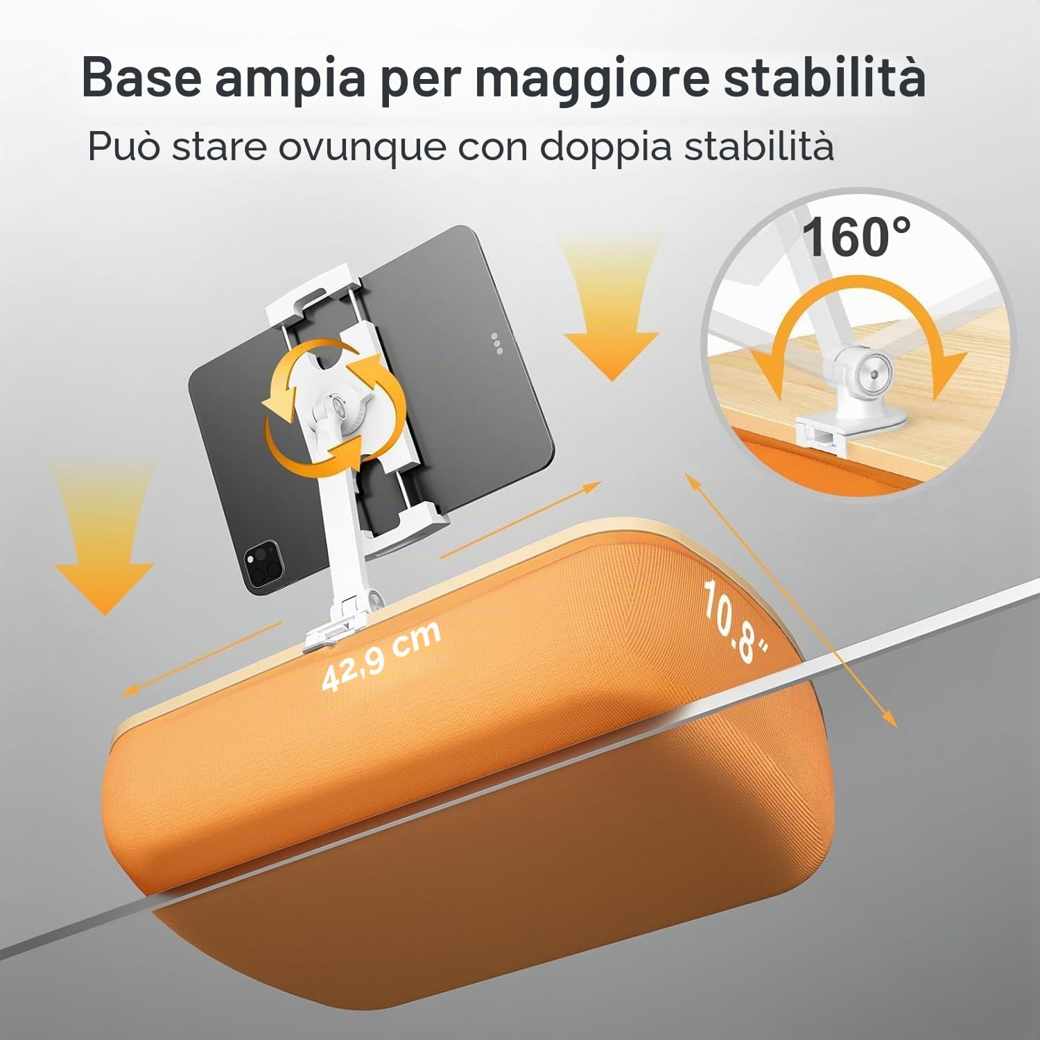 Supporto Cuscino Tablet, Porta Tablet con braccio regolabile, compatibile con iPad, Kindle, Cellulare (4,7-13"), scrivania per la lettura a mani libere a letto, sul divano (Arancione)