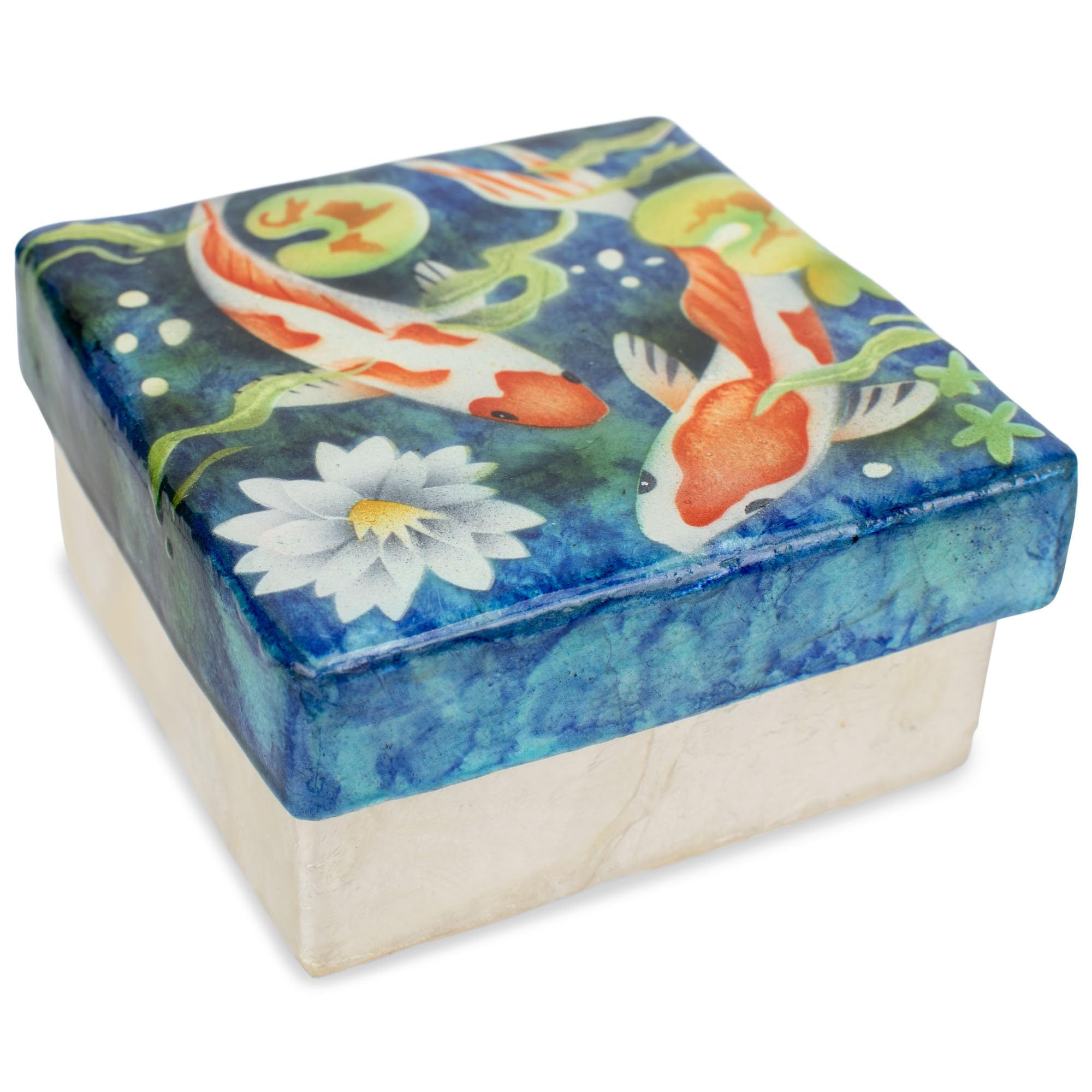 Cottage GardenKoi Fish Capiz Shell 3 x 3 Keepsake Decorative Memory Trinket Jewelry Ring Earring Necklace Organizer Vintage Box with Lid
