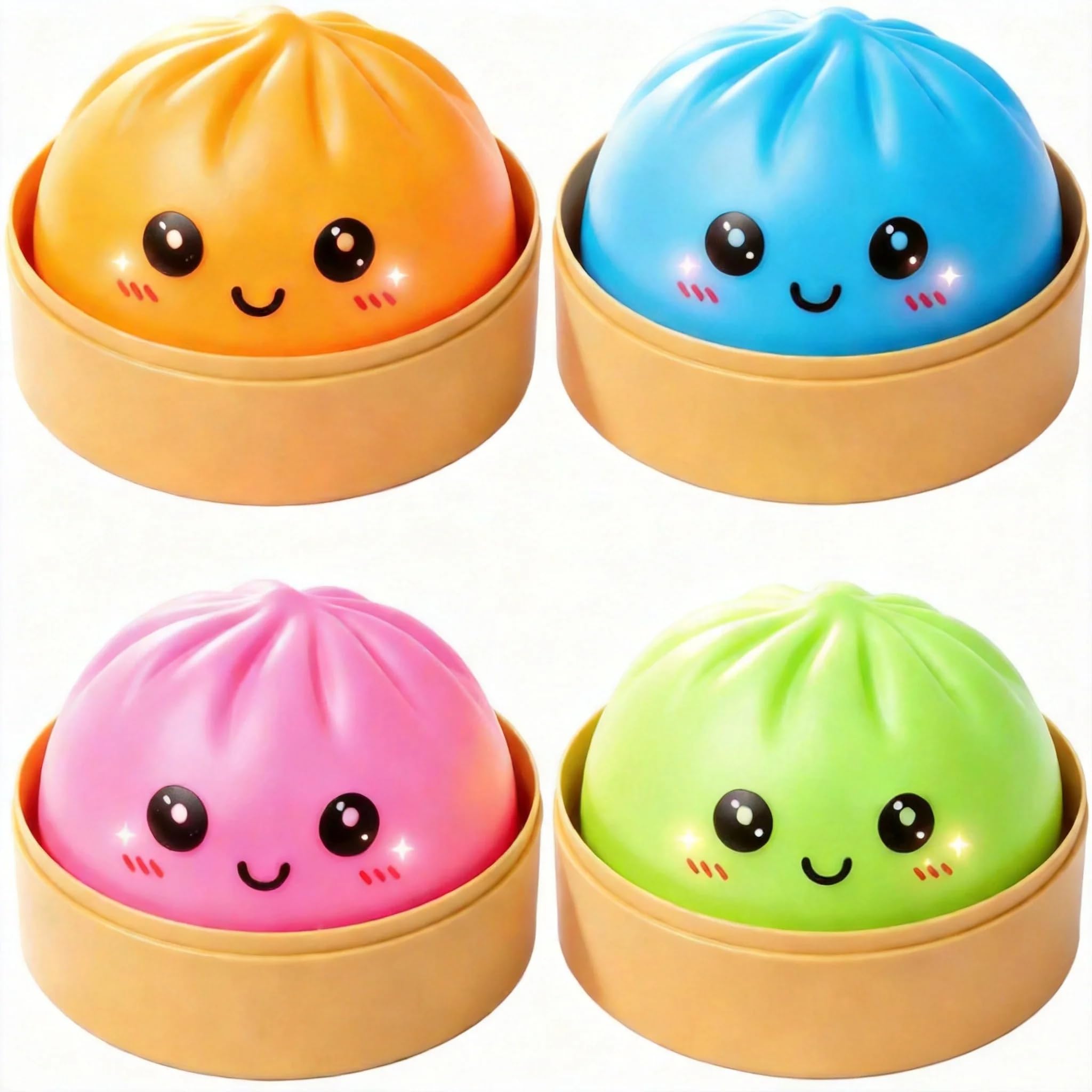 PICKSMOCUB 4 Pack Squishy-Bao Dumpling Toys Soft Slow Rising Sensory Stress Relief Toy Cute Squeeze Fidget Toys with Steamer Box for Kids Teens Adults Desk Travel Party Bag Fillers