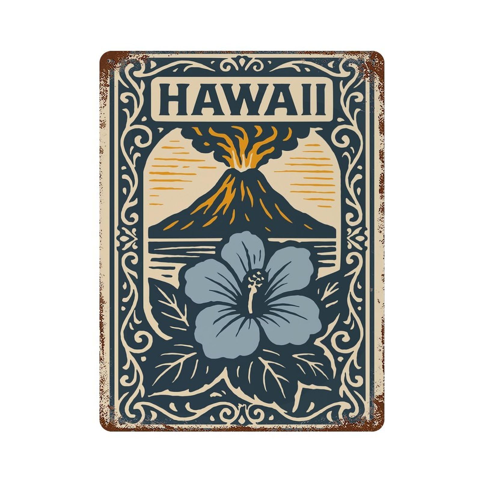 Vintage Rust Metal Sign with Hawaii Volcano And Hibiscus Illustration Design 15.7"x11.8", for Shed, Workshop And Garage Wall Decor, Retro Wall Decor