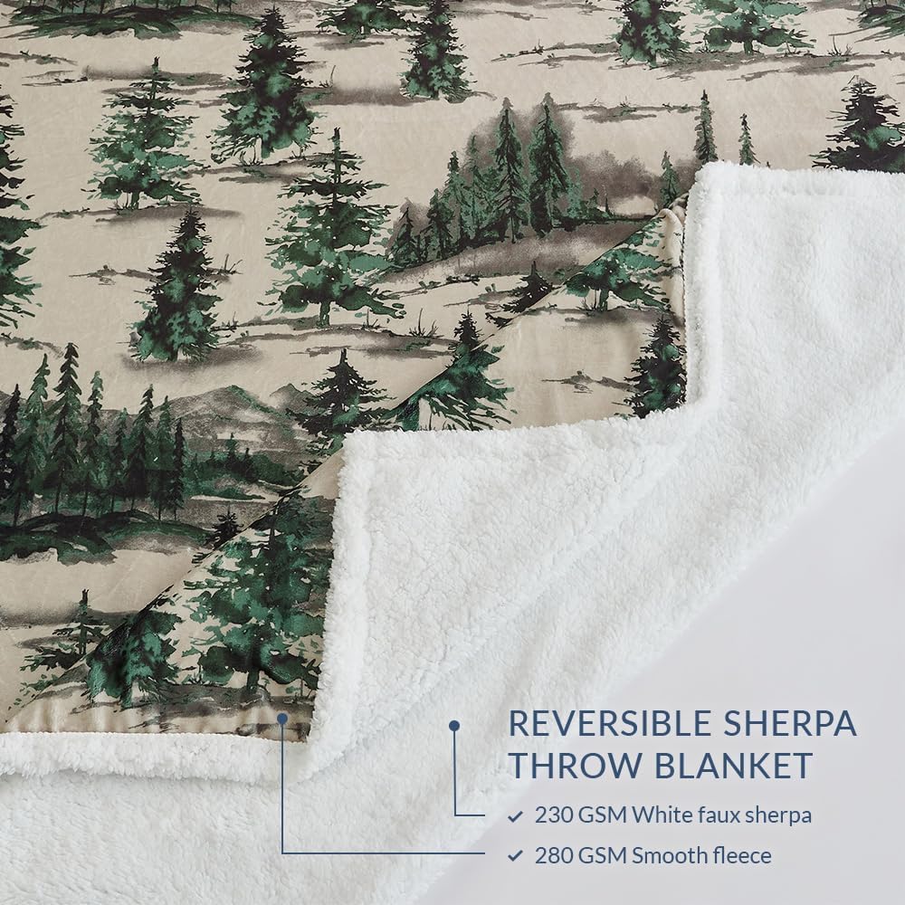 Indigo Hill by HiEnd Accents Joshua Sherpa Throw Blankets, Forest Pine Trees Nature Woodland Mountain Print Western Blanket for Camping Outdoor, Cabin Lodge Rustic Sherpa Fleece Blanket, 54x68 inch