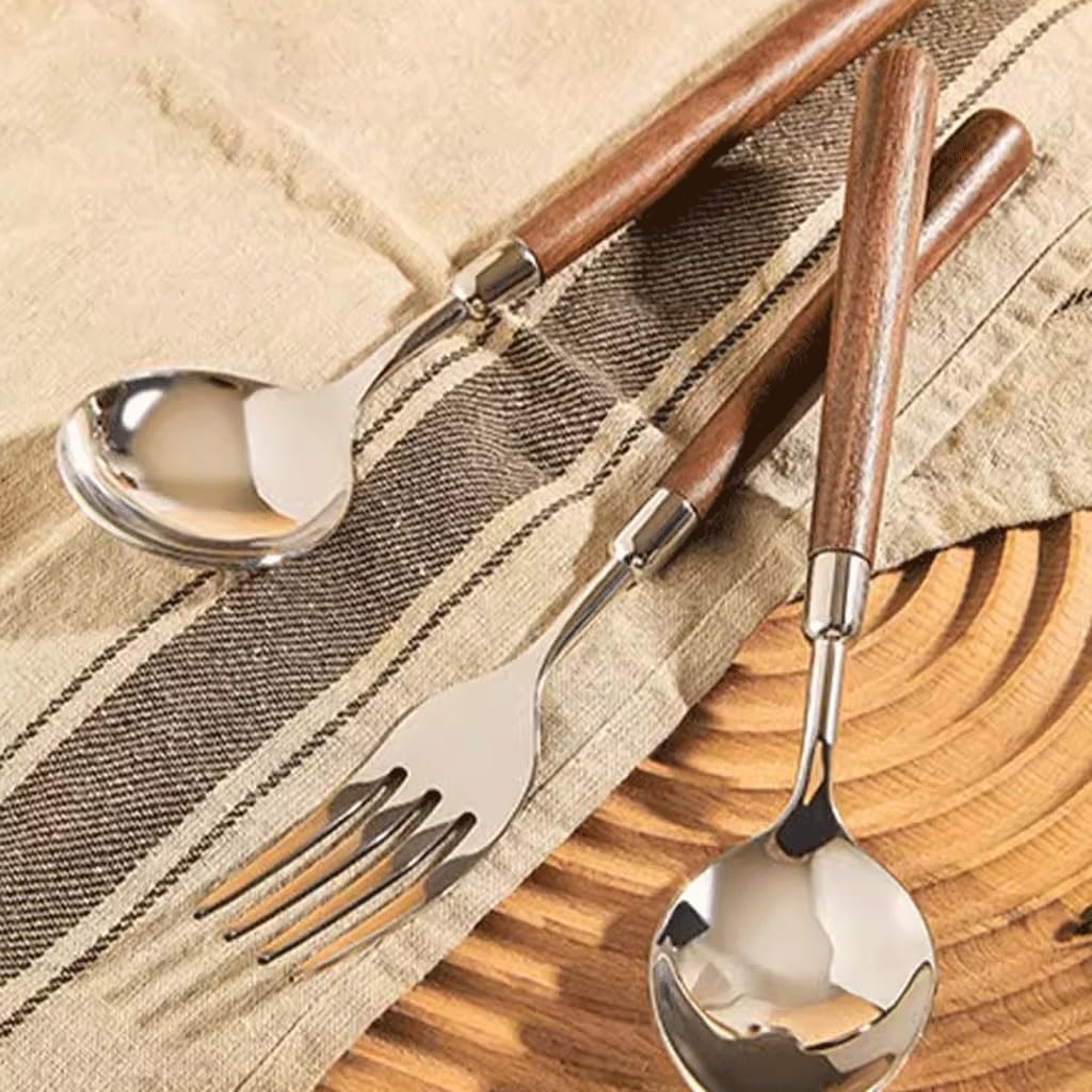 Spoons,soup spoons,Spoons for Cooking Kitchen Dinner Spoon Wooden Handle Long Spoon Stainless Steel Tableware Dessert Spoon Home Kitchen Round Spoon Mixing Spoon Dinner Spoon Teaspoons, Brown