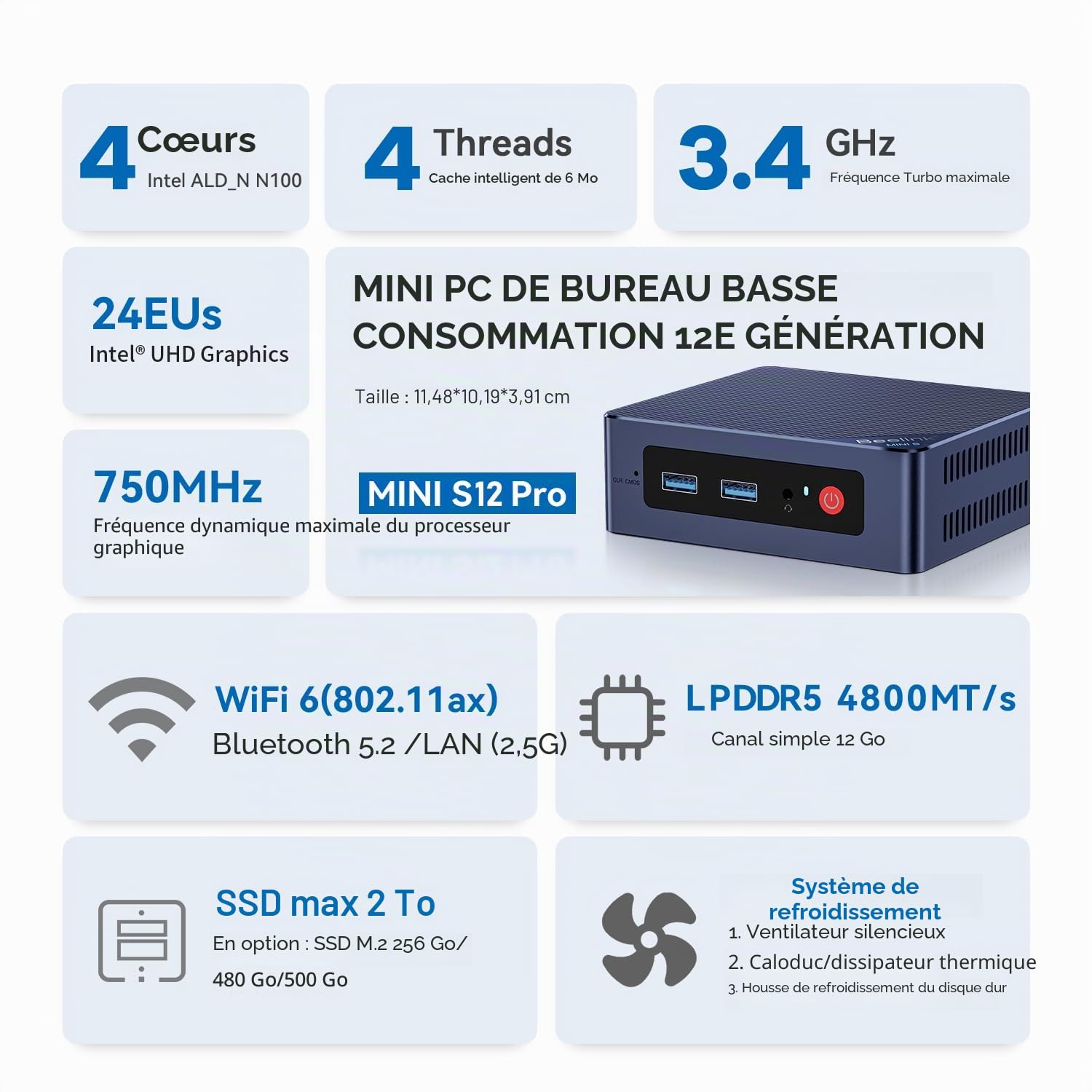 Beelink Mini PC, Mini S12 Pro Intel Alder Lake-N100 Processor (jusqu'à 3,4 GHz) 4C/4T, Mini Ordinateur 12 Go LPDDR5 RAM 512 Go SSD, Ordinateur de Bureau Double HDMI 4K 60 Hz/2,5 G LAN