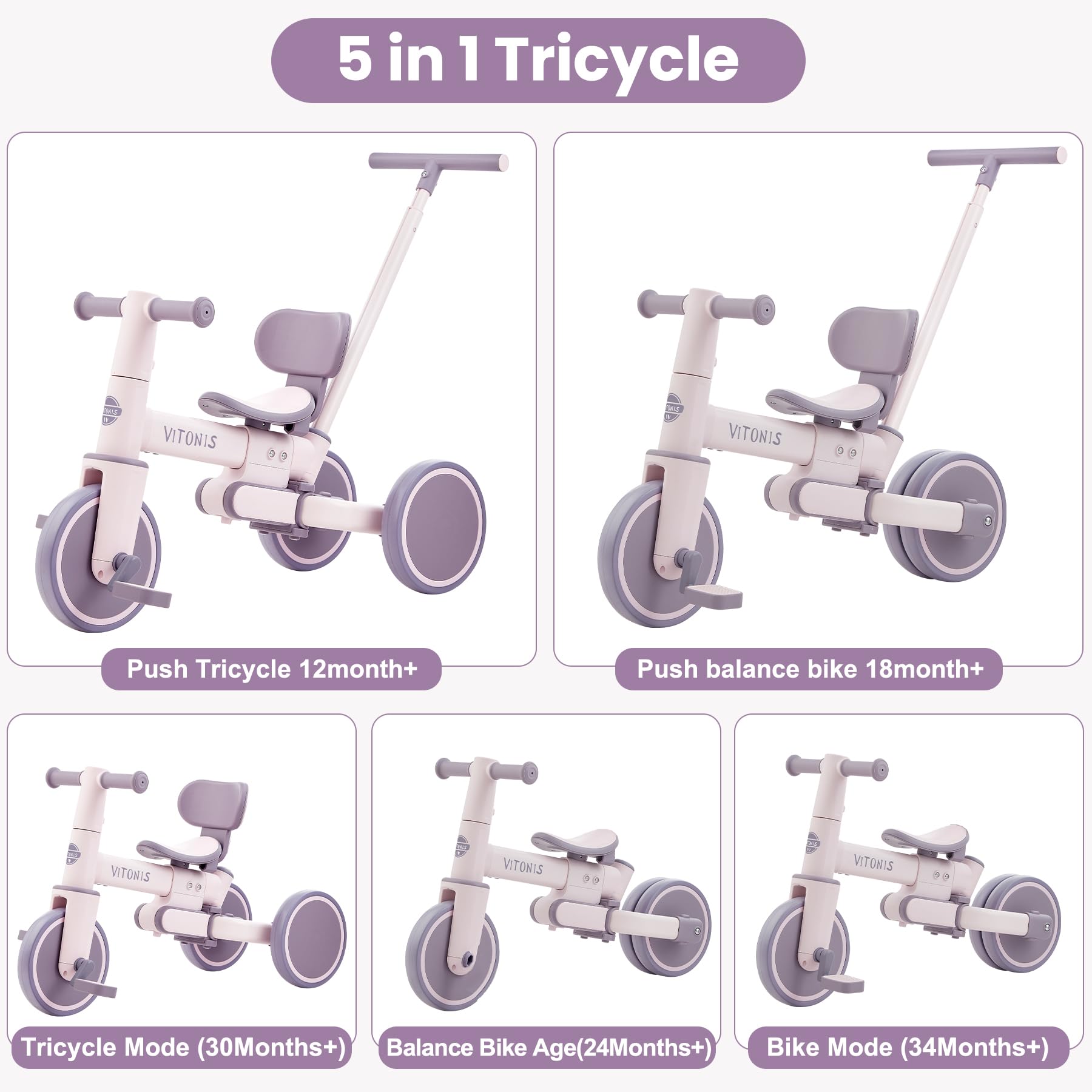 Bicicleta sin Pedales a Partir de 1 año, Triciclo 5 en 1 con Barra de Empuje para niños, Bicicleta sin Pedales para niños pequeños, Regalo para niños y niñas， Morado