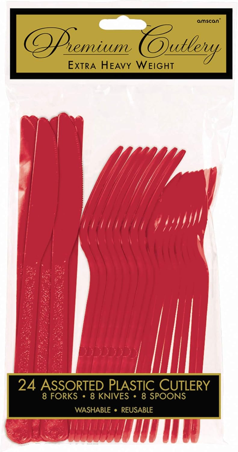 Apple Red Plastic Heavy Weight Assorted Cutlery Set (24 Pc.) - Durable & Elegant Utensils, Perfect for Parties, Events, and Everyday Use
