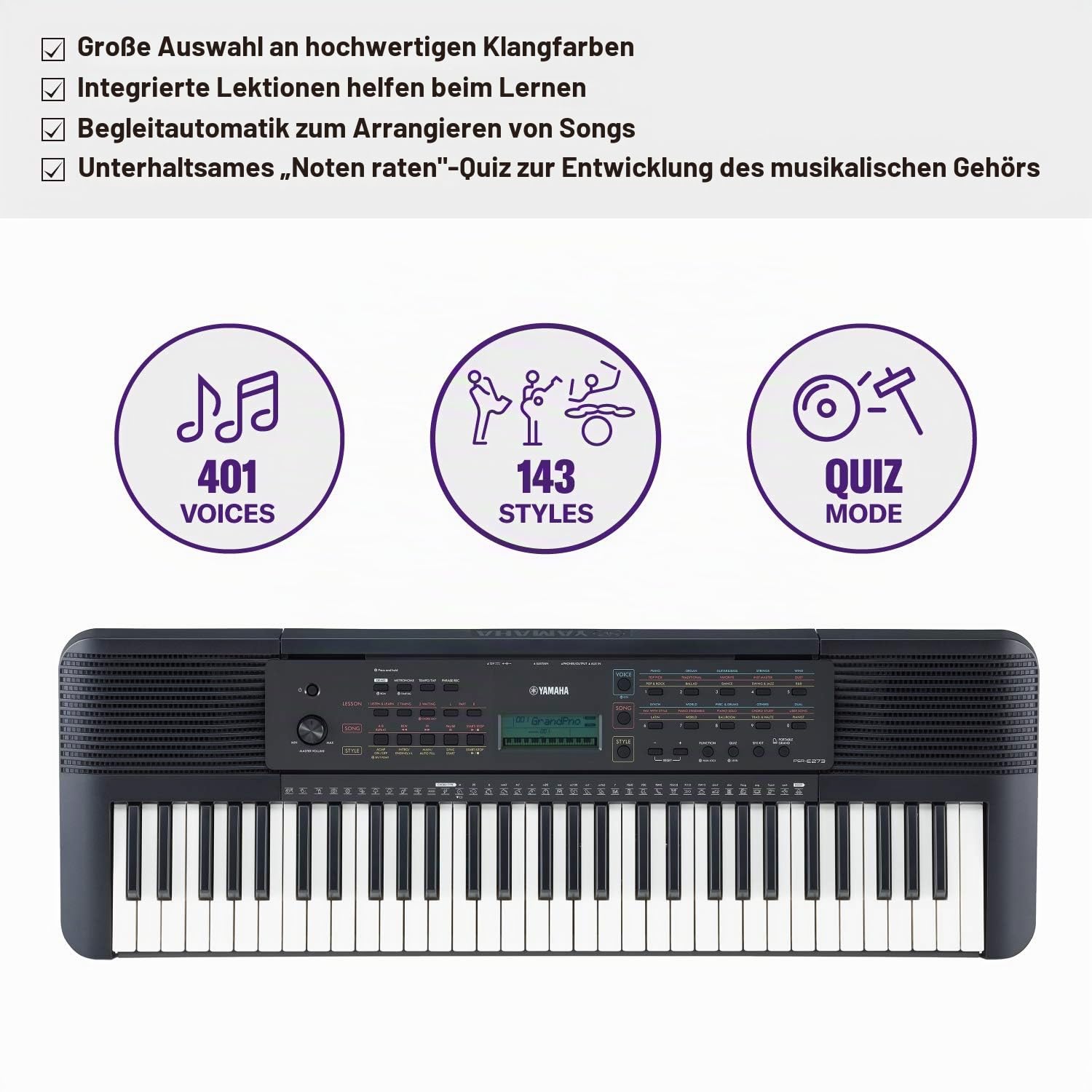 Yamaha PSR-E273 Portable Keyboard - Startertastatur mit 61 Tastenanschlägen sensibel, inklusive Gutschein für 2 Online-Musikkurse an der Yamaha Musikschule, schwarz