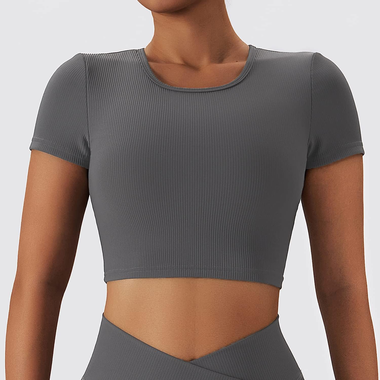 Sports Bras for Women Yoga Short-Sleeved Top Ribbed Backless Gym Short Sleeve Padded Workout T Shirt Top