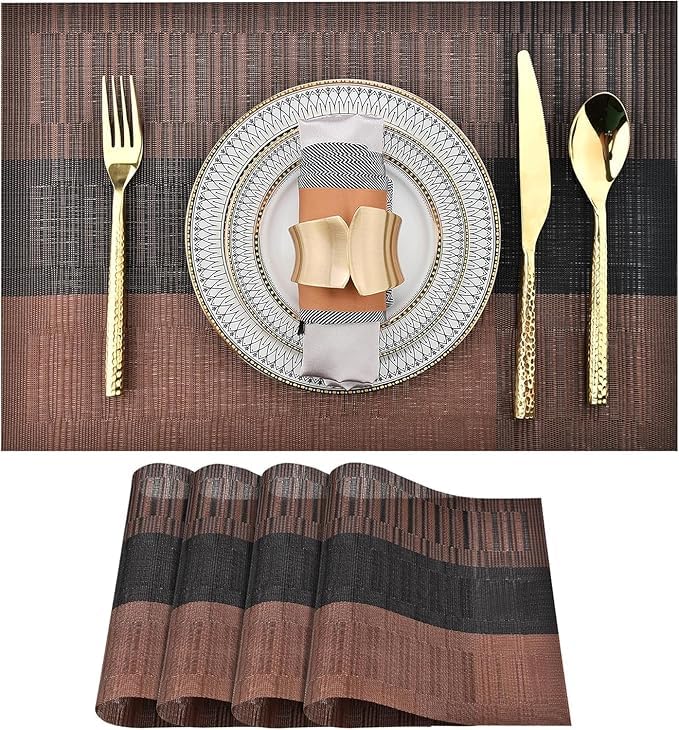 Feinerman 6 Pcs Washable PVC Woven Table Mats for Dining & Kitchen Tables, Heat-Resistant Stain-Resistant Anti-Skid Placemats, Non-Slip Vinyl Dinner Mats for Home & Restaurant (Brown & Black)