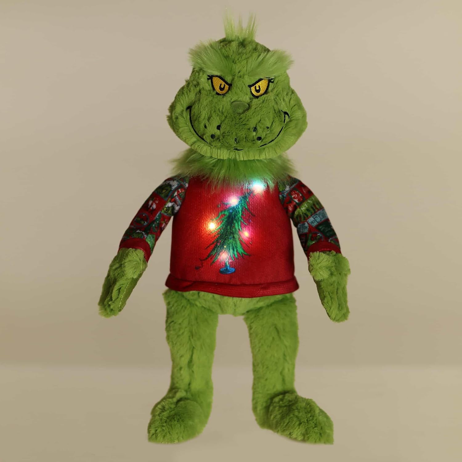 Aurora® Festive Dr. Seuss™ Ugly Sweater Light-Up Grinch Stuffed Animal - Officially Licensed Plush for Imaginative Play - Perfect for Holiday Decorations or Gifts - Green 9.5 Inches