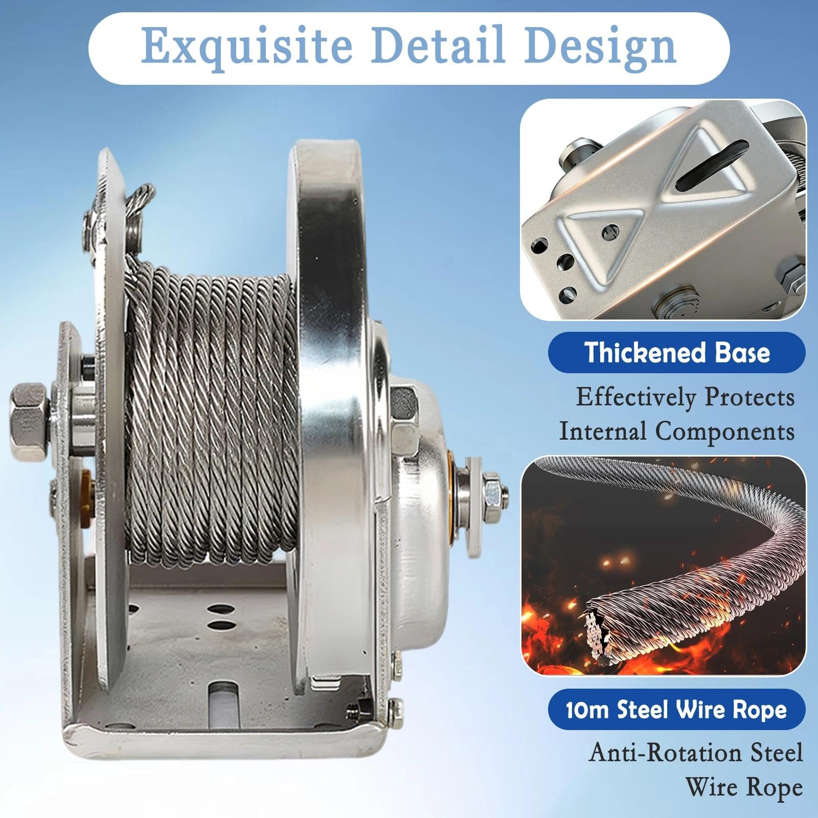 Verricello Manuale Acciaio Inox, Verricello Manuale Piccolo con Freno Automatico e Fune in Acciaio Antitorsione da 10 m, Argano Manuale per Traino, Sollevamento, uso Esterno