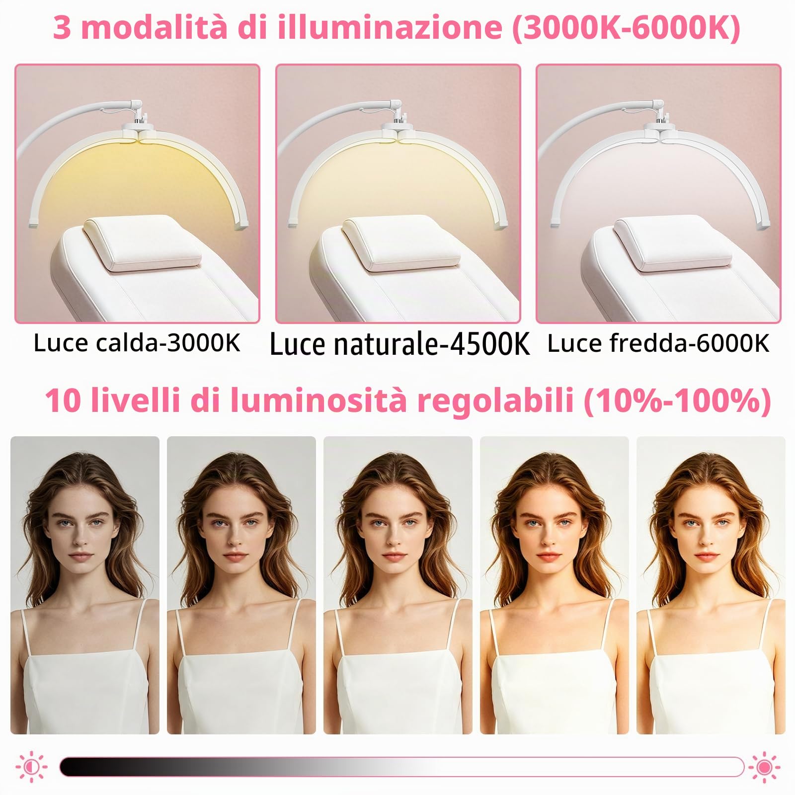 CGBE Lampada per Extension Ciglia Professionale Dimmerabile LED Mezza Luna | Lampada Lashmaker con Porta Cellulare - Testa Rotabile a 360° - Altezza Regolabili Lampada da Terra per Estetista - Bianco