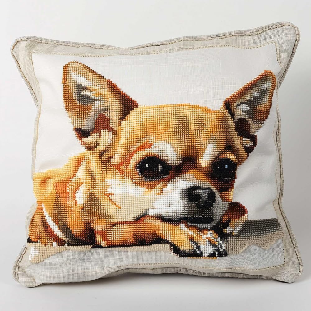 RKFLGEW Latch Hook Kit Chihuahua Dog Animal Latch Hook Kits Pillow DIY Handmade Cushion Crochet Yarn Embroidery Latch Kit Pillowcase 43x43cm