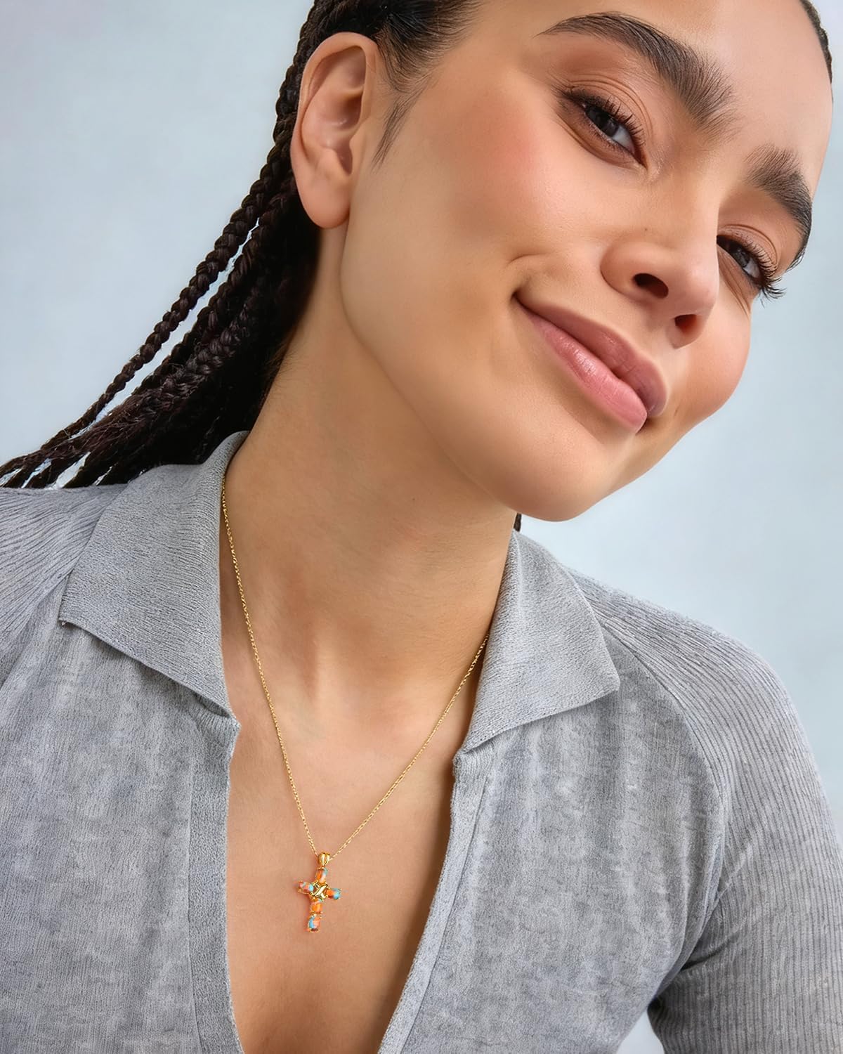 AIBAO Sterling Silver Cross Necklace for Women Genuine Turquoise/Opal/Lapis Lazuli/Malachite Cross Pendant Necklace Faith Religious Jewelry Gift with Box