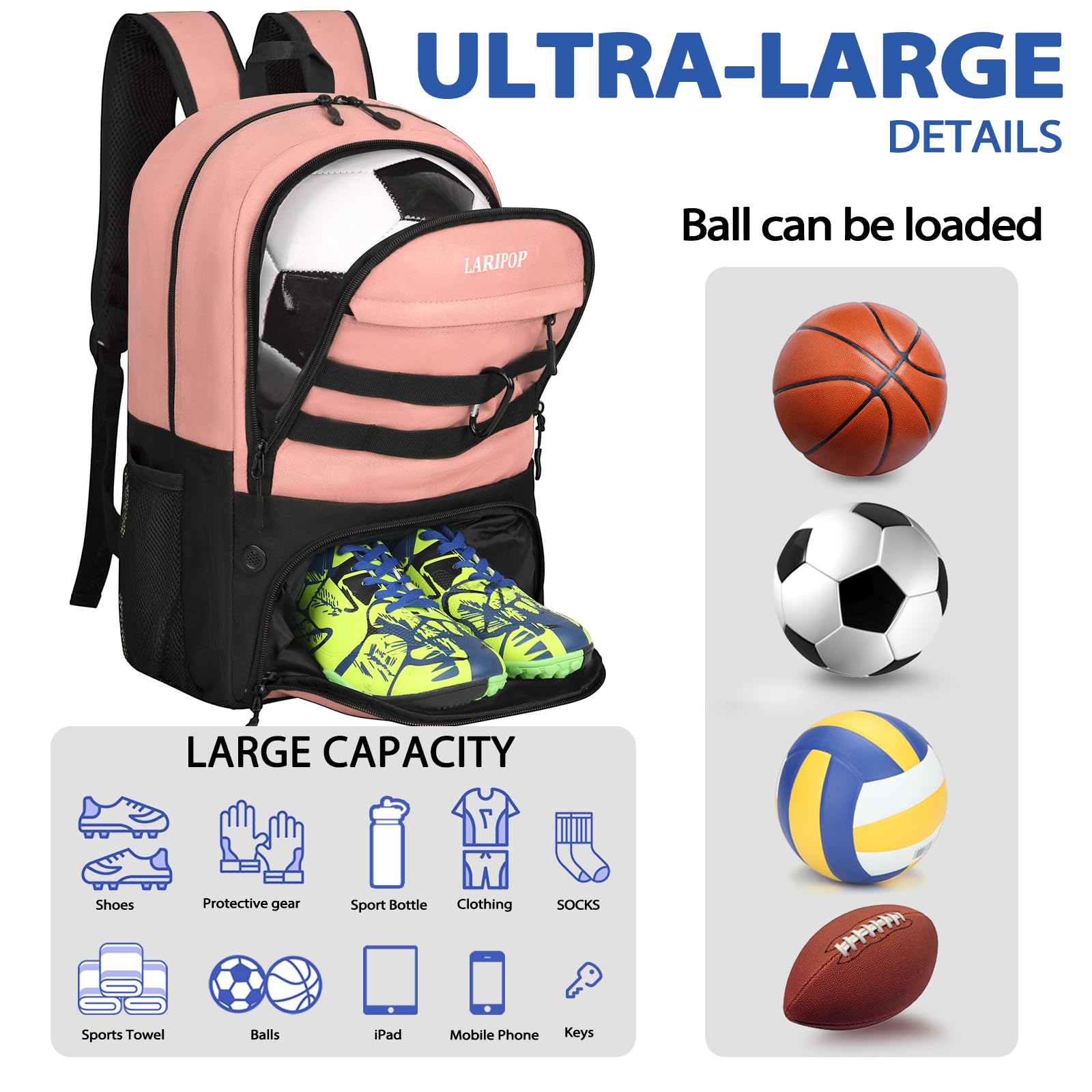 LARIPOP Fußball-Rucksack, Fußballtasche mit Ballhalter und Schuhfach, Sportausrüstung, Trainingstasche für Basketball