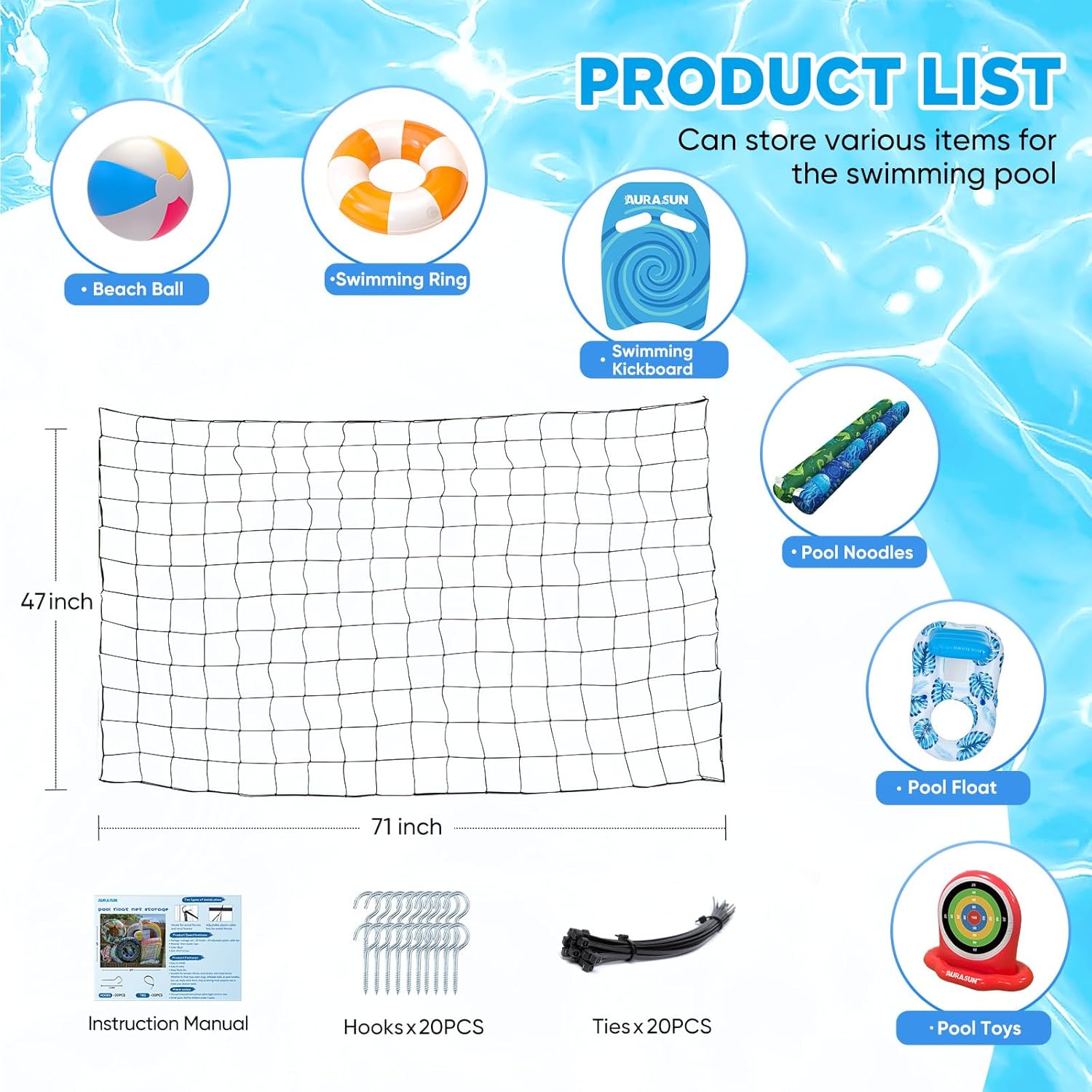 AURASUN 71" L x 47" W Pool Toy Float Storage Net for Fence - Elastic Net Outdoor Floats Holder Includes Hooks and Ties - for Inflatable Rafts, Pool Rings, Noodles, Balls