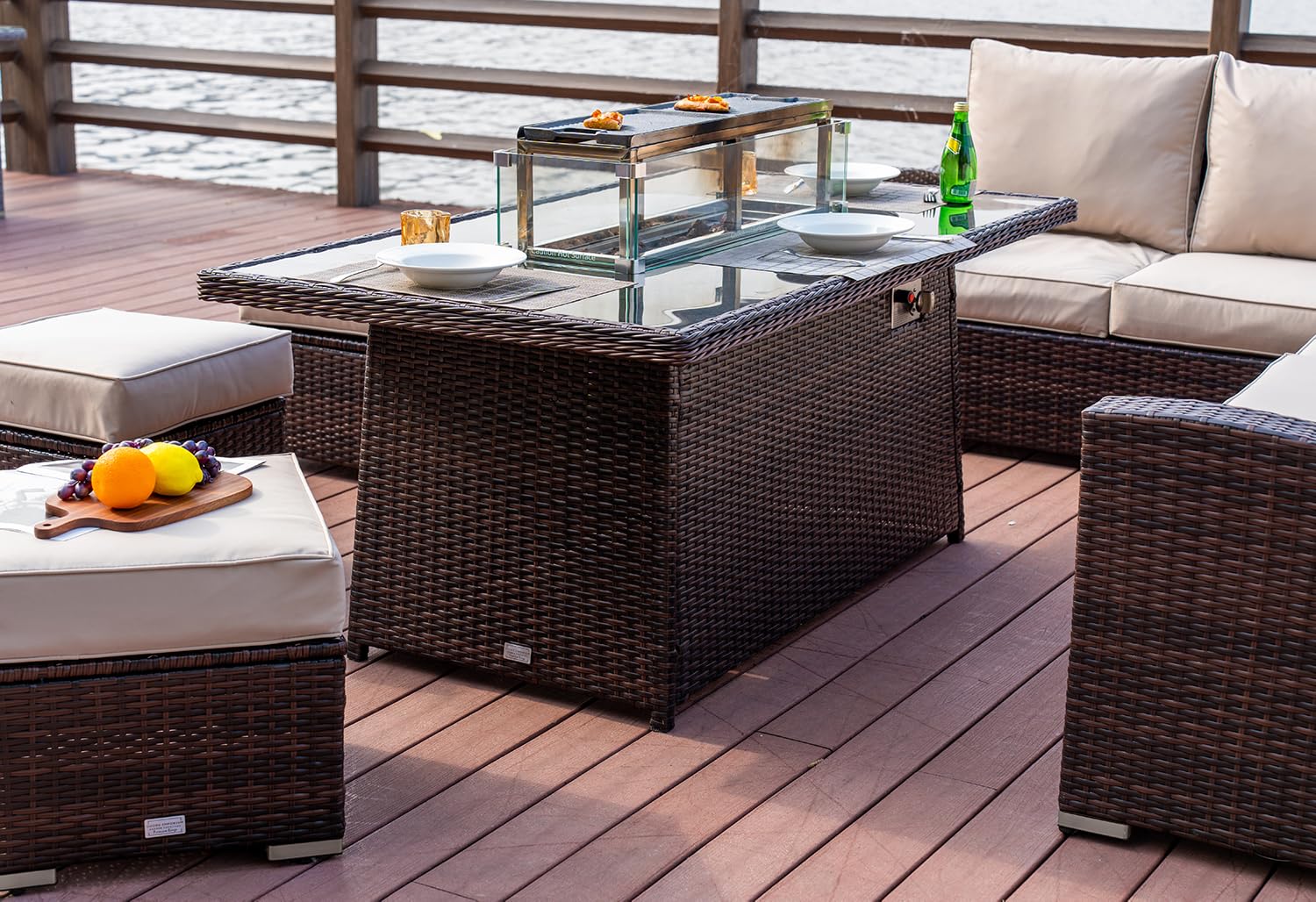 Rattan Garden Furniture with Fire Pit Table Premium Series Seater  Outdoor Furniture Rattan Corner Sofa Corner Garden Patio Sets FREE RAIN 