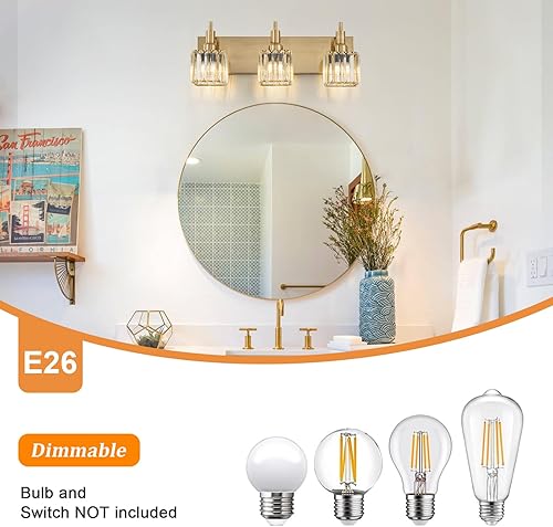 Miniatura 3 de Luces doradas para tocador de baño, 3 luces, accesorios de iluminación de baño de cristal sobre espejo, lámpara de pared moderna de cristal dorado