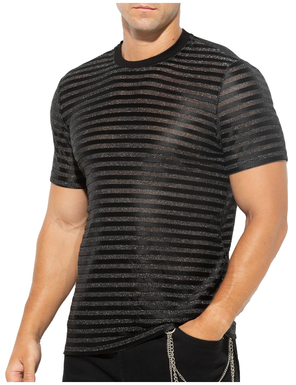 Casey Kevin Camiseta de Manga Corta Transparente para Hombre, Camiseta de Rayas Malla Fiesta Corta Muscle T-Shirt de Club Disco