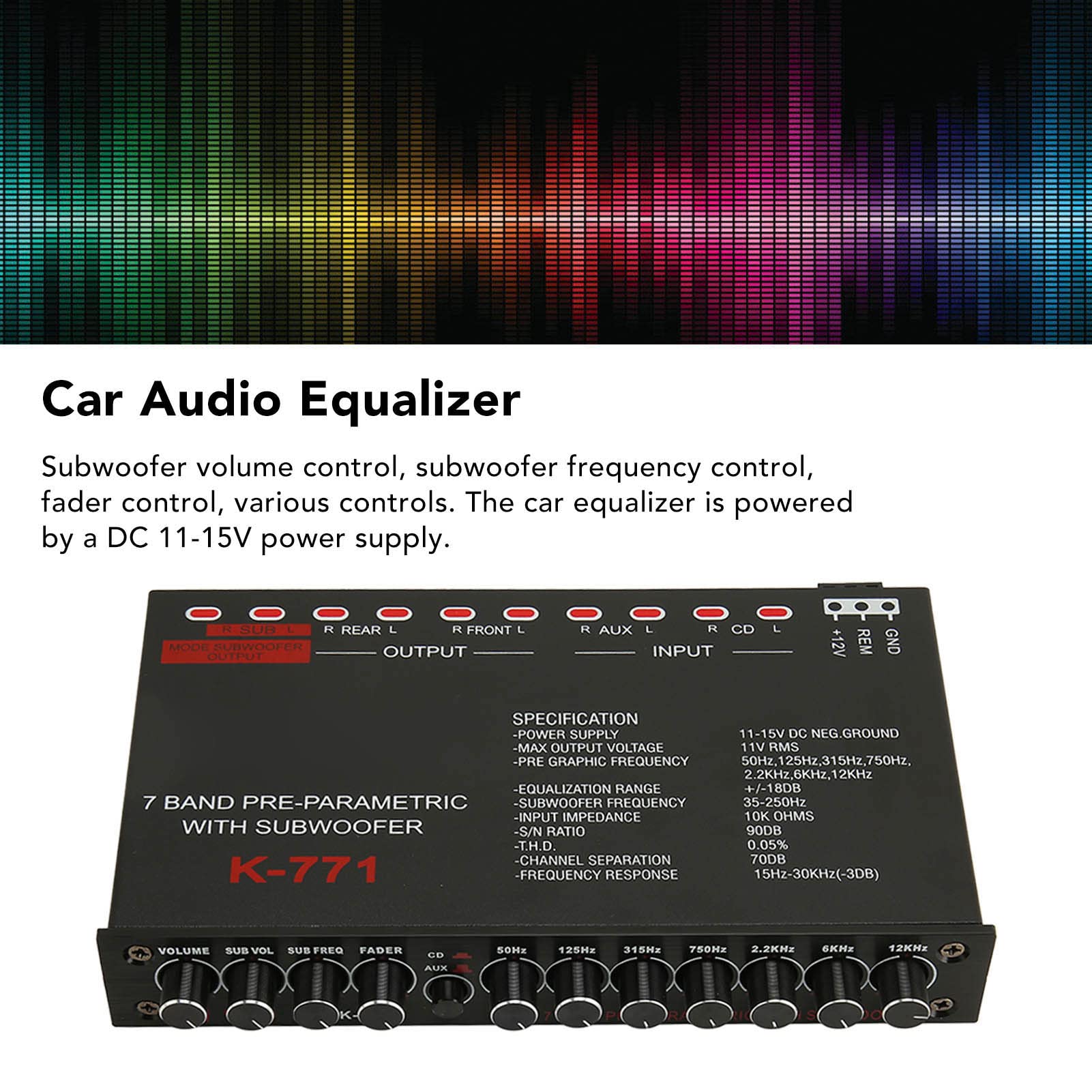 Ecualizador de Audio para Automóvil de 7 Bandas con Frecuencias Ajustables para una Experiencia de Sonido Mejorada en Automóviles, Barcos y Motocicletas Black Iron