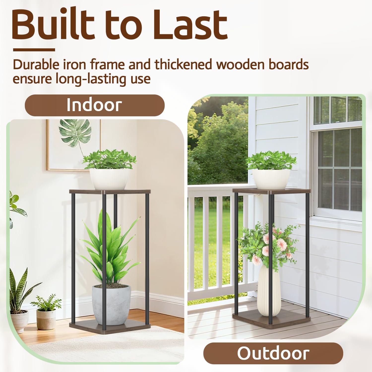 Oppro 2 Tier Plant Stand Indoor, 28In Tall Corner Vertical Wood Metal Square Shelf, Modern Black Large Planter Table Heavy Duty Flower Pot Holder Rack for Narrow House Living Room Floor Orchid, Oak