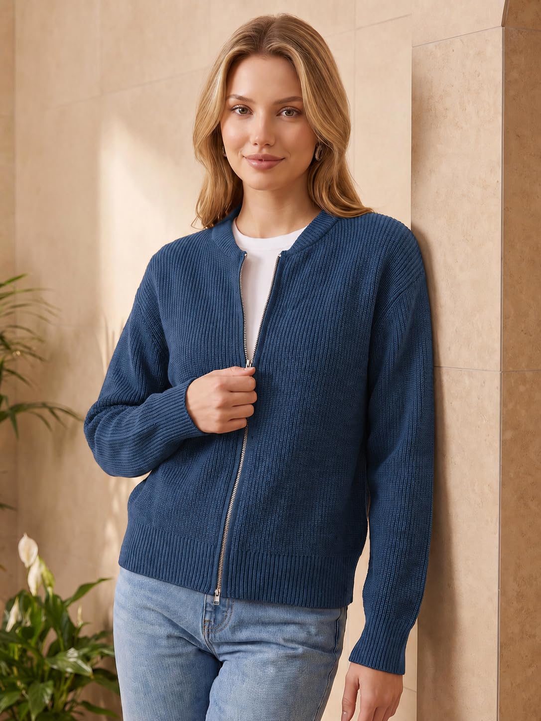 Saodimallsu Damen Langarm Strickjacke mit Reißverschluss Strick Jacke
