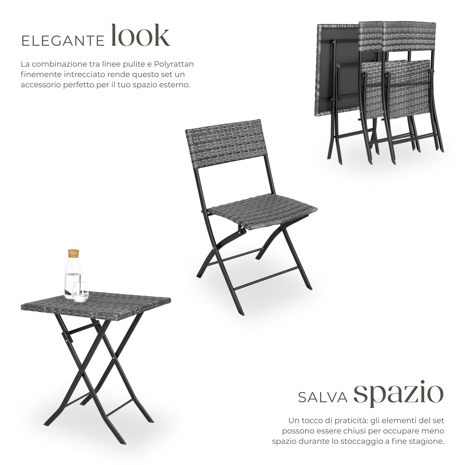tectake® Set 3 Pezzi Trevi in Rattan, 1 Tavolo con 2 Sedie, Protezione dai Raggi UV, Ripiegabile, Design Moderno, Set Giardino, Terrazzo, Balcone, Campeggio - Grigio