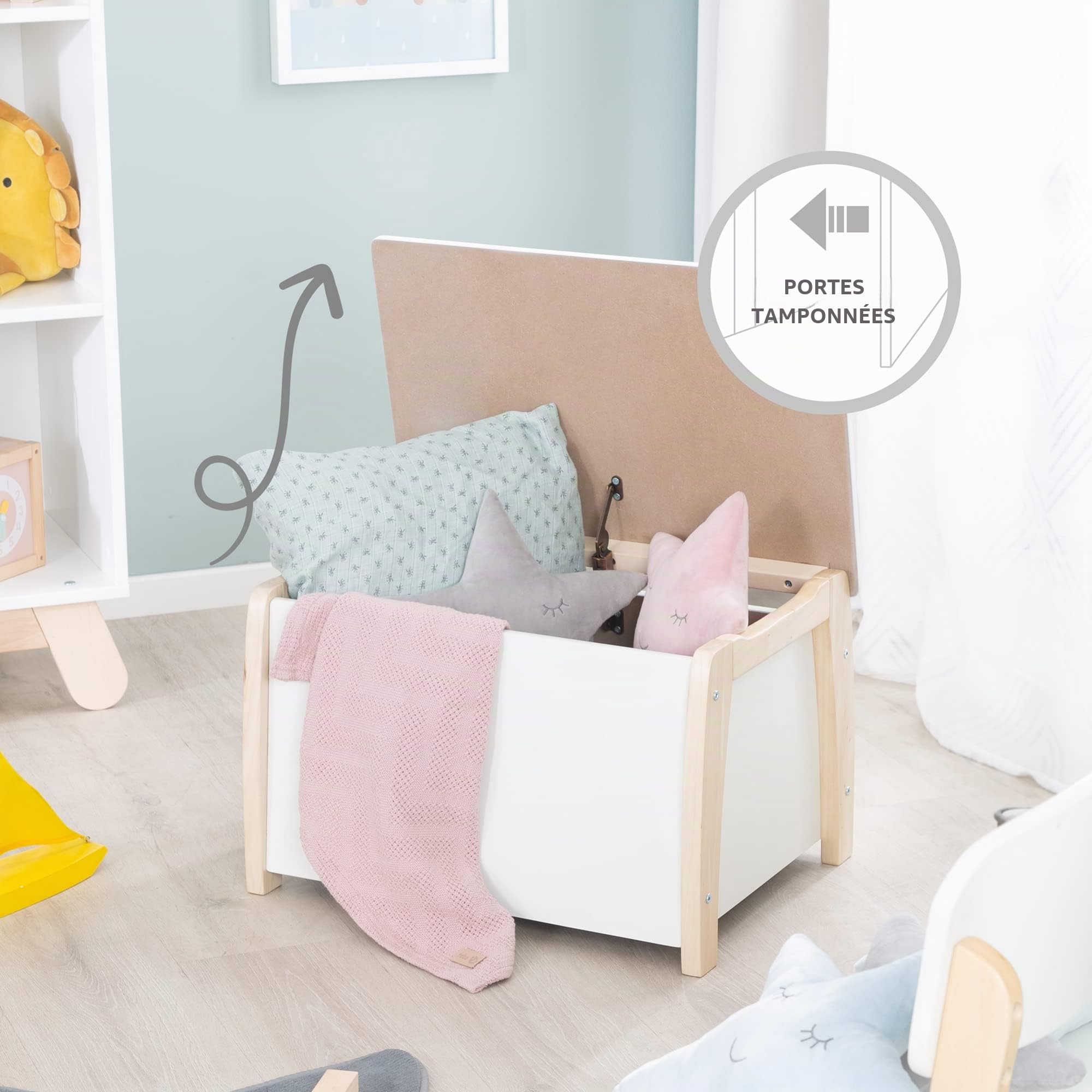 roba Coffre à Jouets pour Enfant - Banc en Bois Massif + Amortisseur - pour Filles et Garçons - Bicolore - Naturel / Blanc