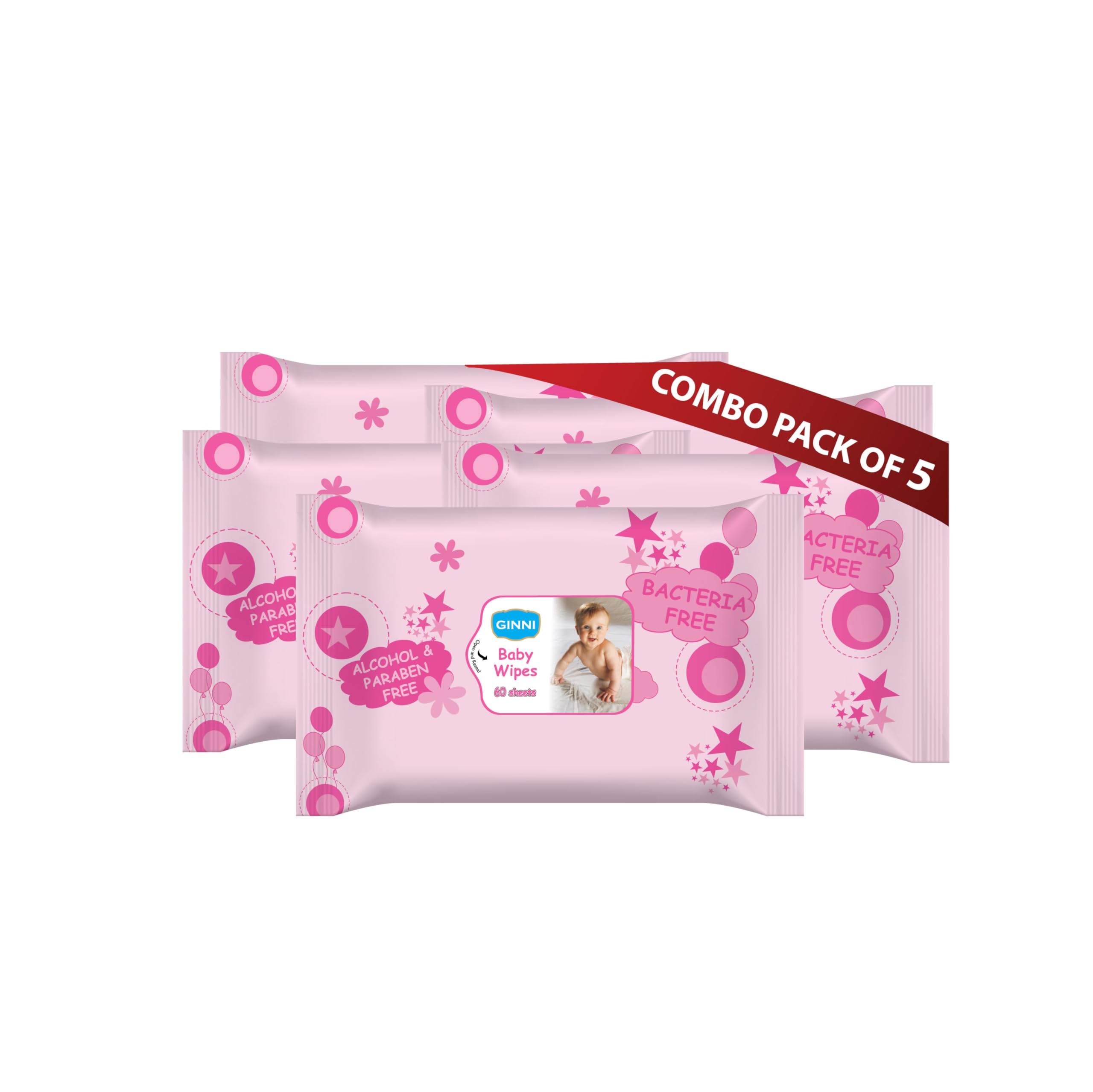 Ginni Premium Baby Wipes | Aloe Vera, Jojoba Oil & Vitamin E | Alcohol-Free | Gentle & Moisturizing for Sensitive Skin | Mild Fragrance | 60 Wipes Per Pack (Pack of 5) (150mm x 200mm)-image-17