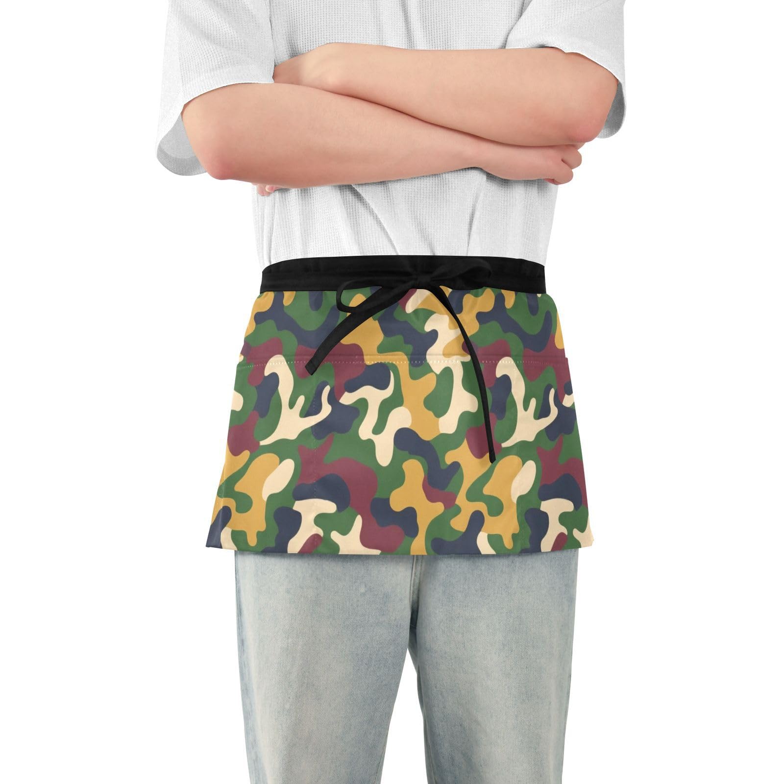 FASHON&FASCIN Server Apron with Pockets Waist Aprons Half Waitress Apron Camouflage Print for Gardening Restaurant,Multi22