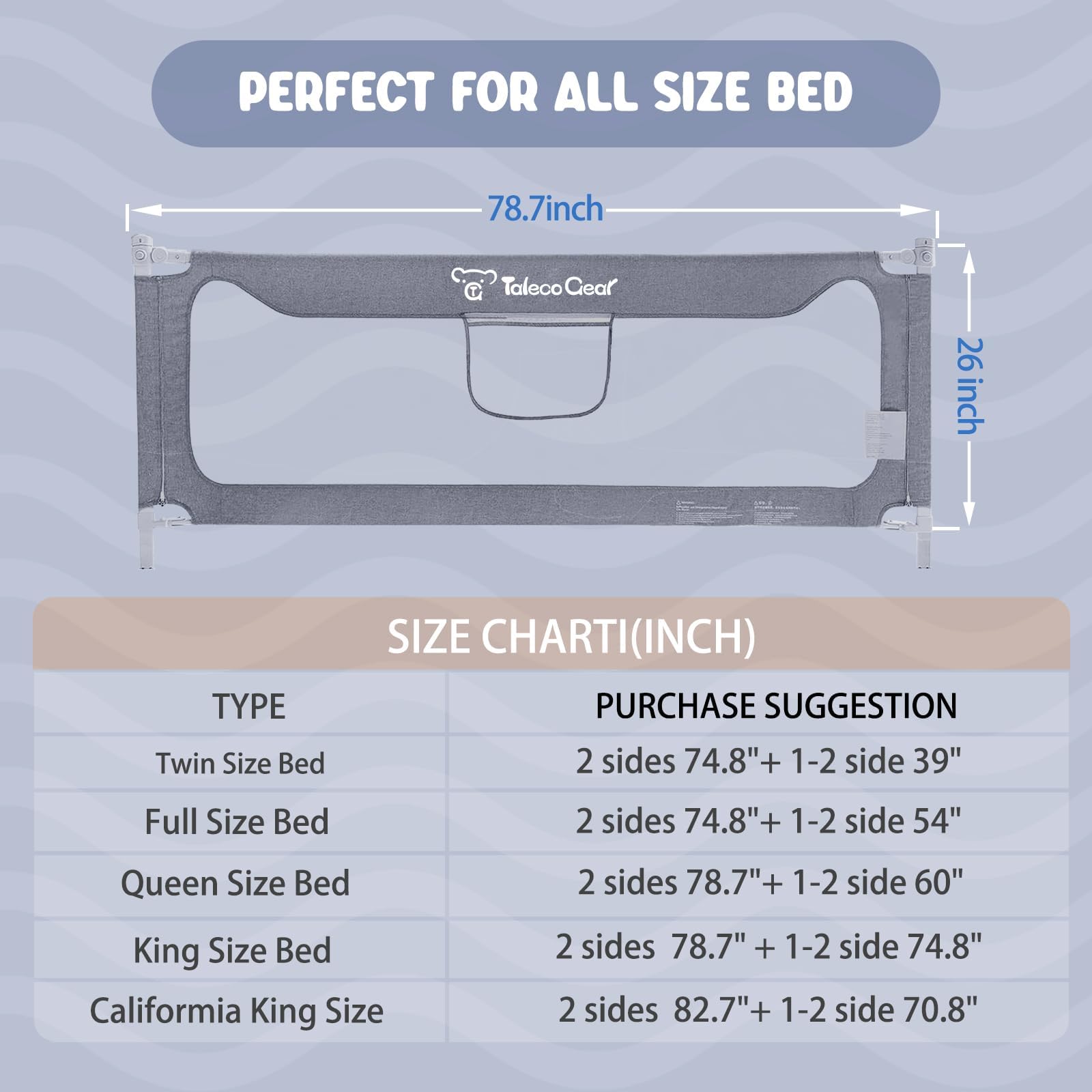 G TALECO GEAR Barrera para cama de 200 x 66 cm, barrera de cama para niños pequeños, protección contra caídas estable para niños y niñas, gris (1 pieza)