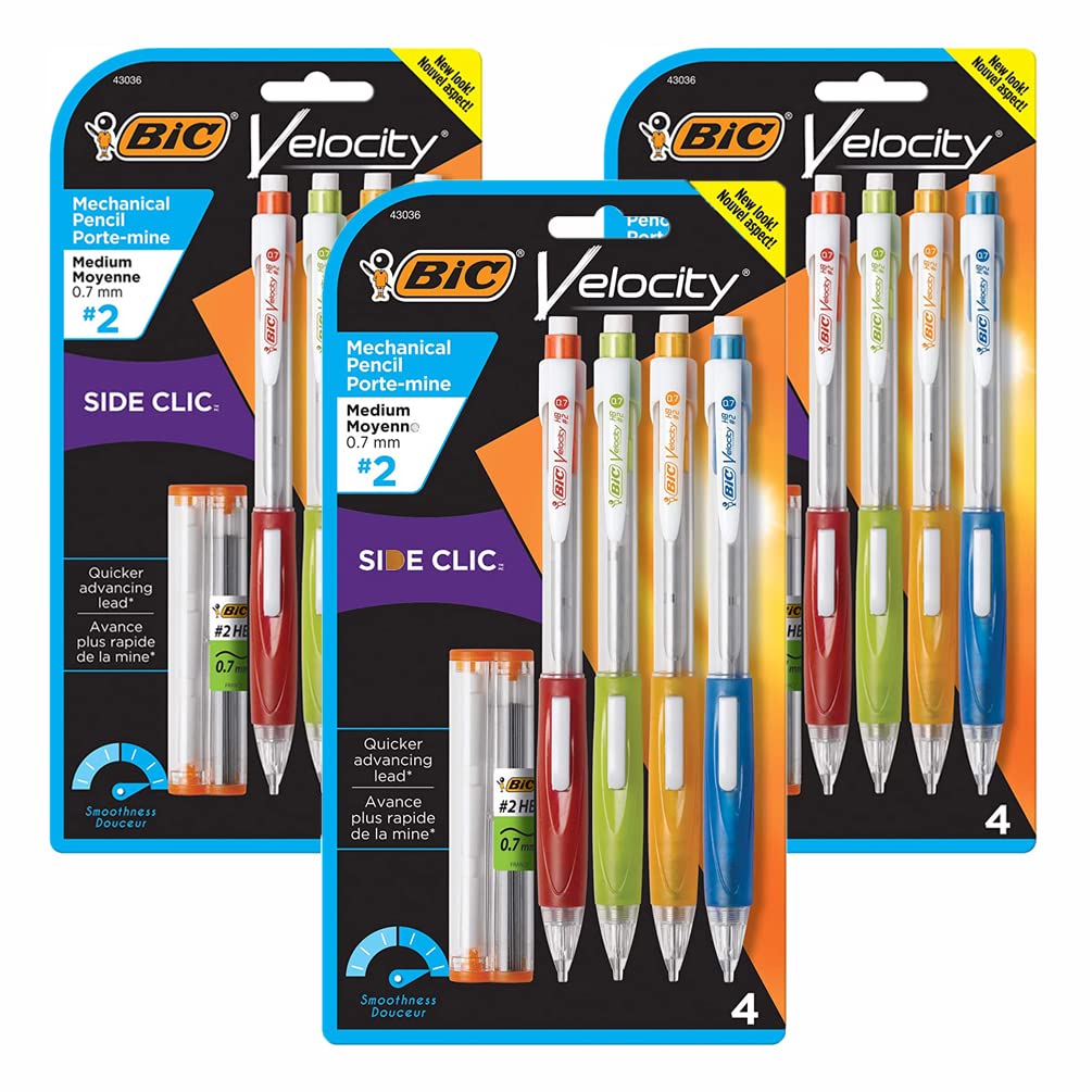 12 x Bic Velocity Mechanical Pencils with 0.7mm Medium Lead, Side-click Lead Advance, Soft Comfort Grip & Durable Eraser - For Art, Drawing, Writing & Sketch