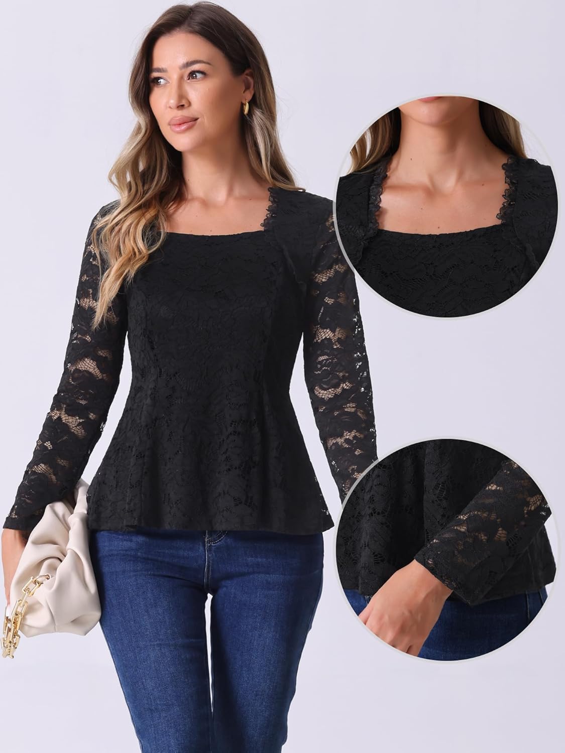 Allegra K Lace Tops for Women's Square Neck Long Sleeve Stertch Elegant Casual Peplum Blouse Top - Image 4