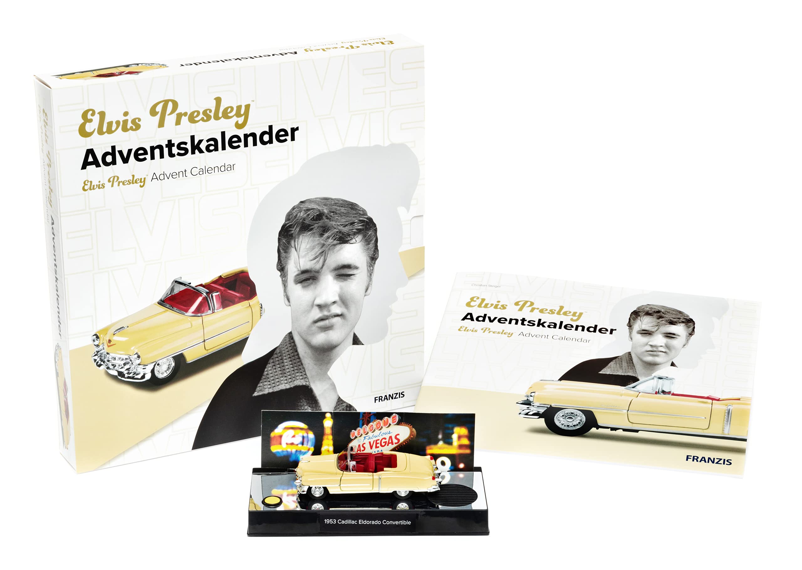FRANZIS 55120 - Elvis Presley Adventskalender, Cadillac Eldorado Metallmodell im Maßstab 1:37, inkl. Soundmodul und 52-seitigem Begleitbuch