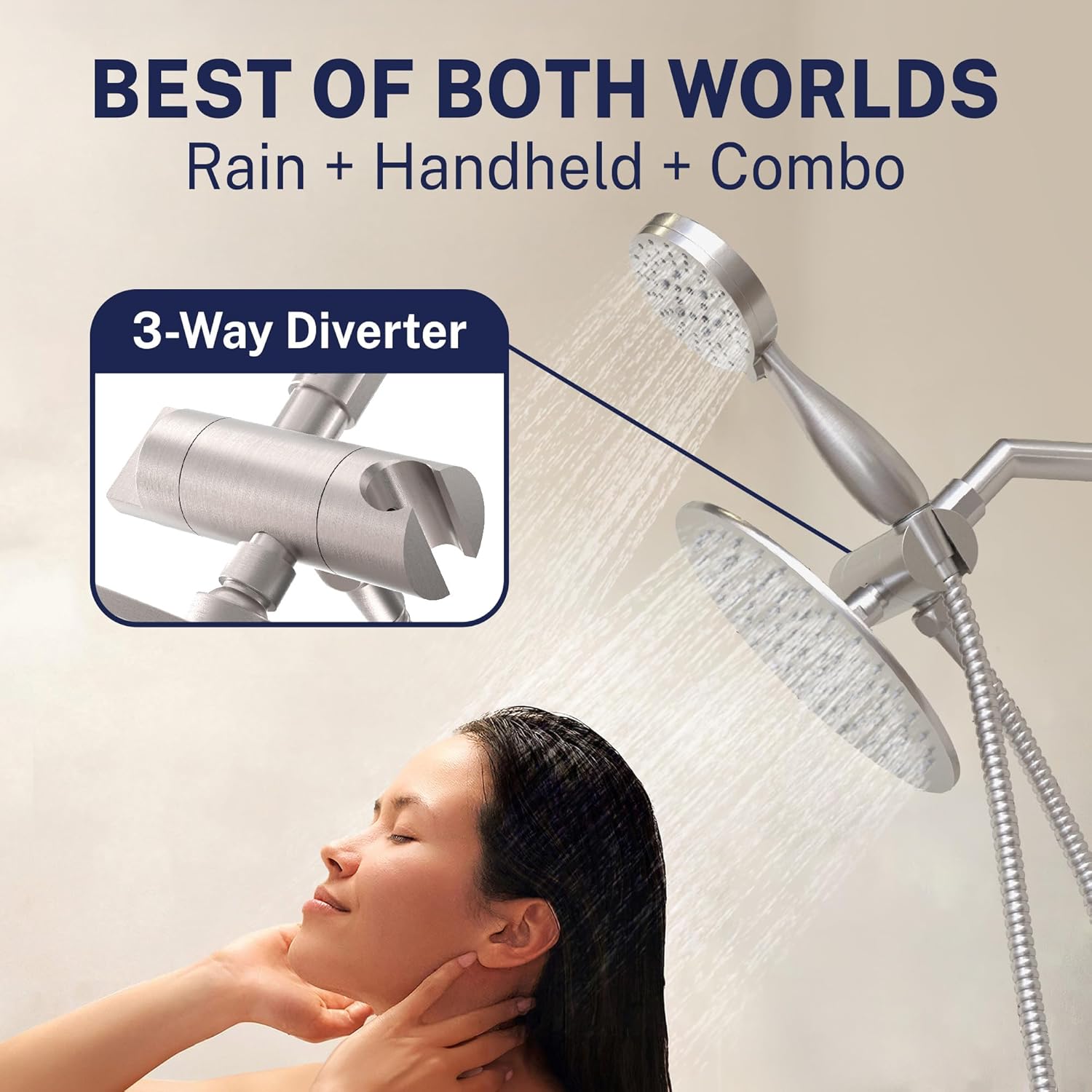 HammerHead Showers Dual Shower Head Combo, 8-Inch Rainfall & 3-Flow Handheld, Brushed Nickel, 1.75 GPM