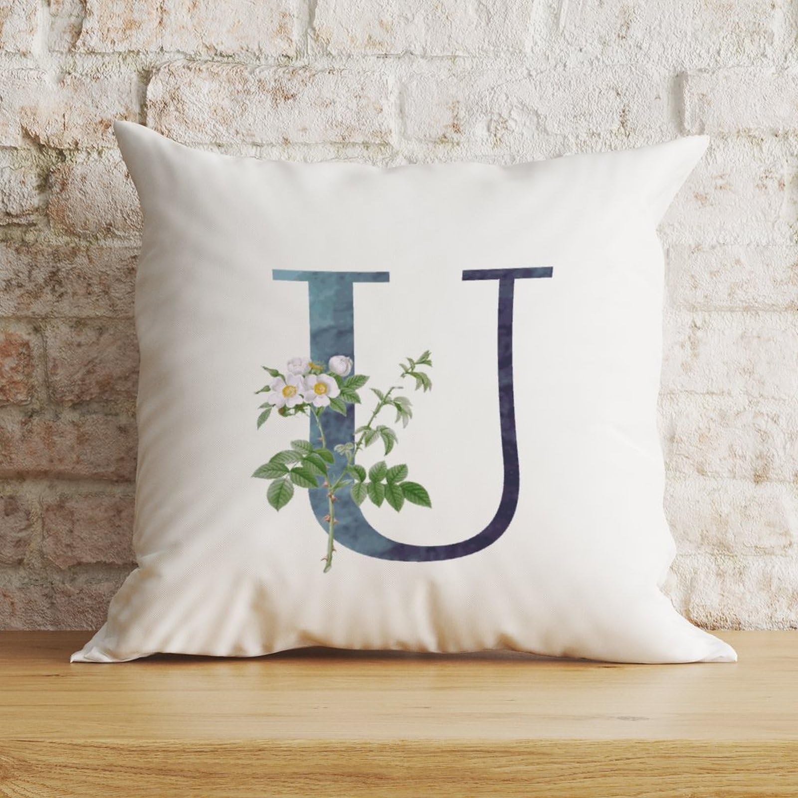 Zyadsinoudor Throw Pillowcase Monogram Initial U Blue Cushion Cases Alphabet White Floral Decorative Pillow Home Cotton Linen Family Name 18x18in Bright Throw Pillow Cover For Home Love Porch Sofa — image 1