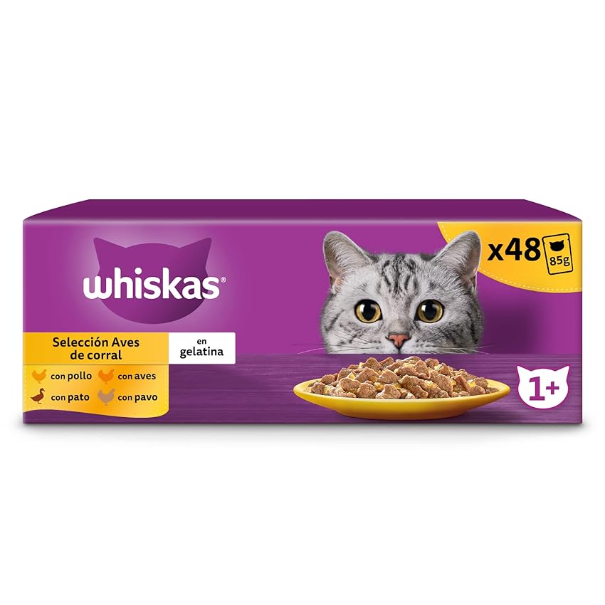 Whiskas Cibo umido per gatti adulti Selezione pollame in gelatina Multipack (4 x 12 bustine x 85g)