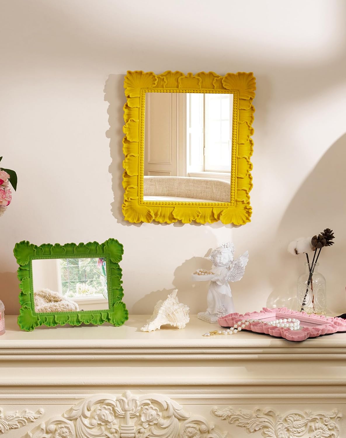 Mirror Wall Decor with Resin Leaf Frame and Flocking Finish for Warm Room Makeover, 14x12 Decorative Wall-Mounted Mirror for Bathroom Hallway Entryway Staircase Art Gallery (Yellow-Orange)