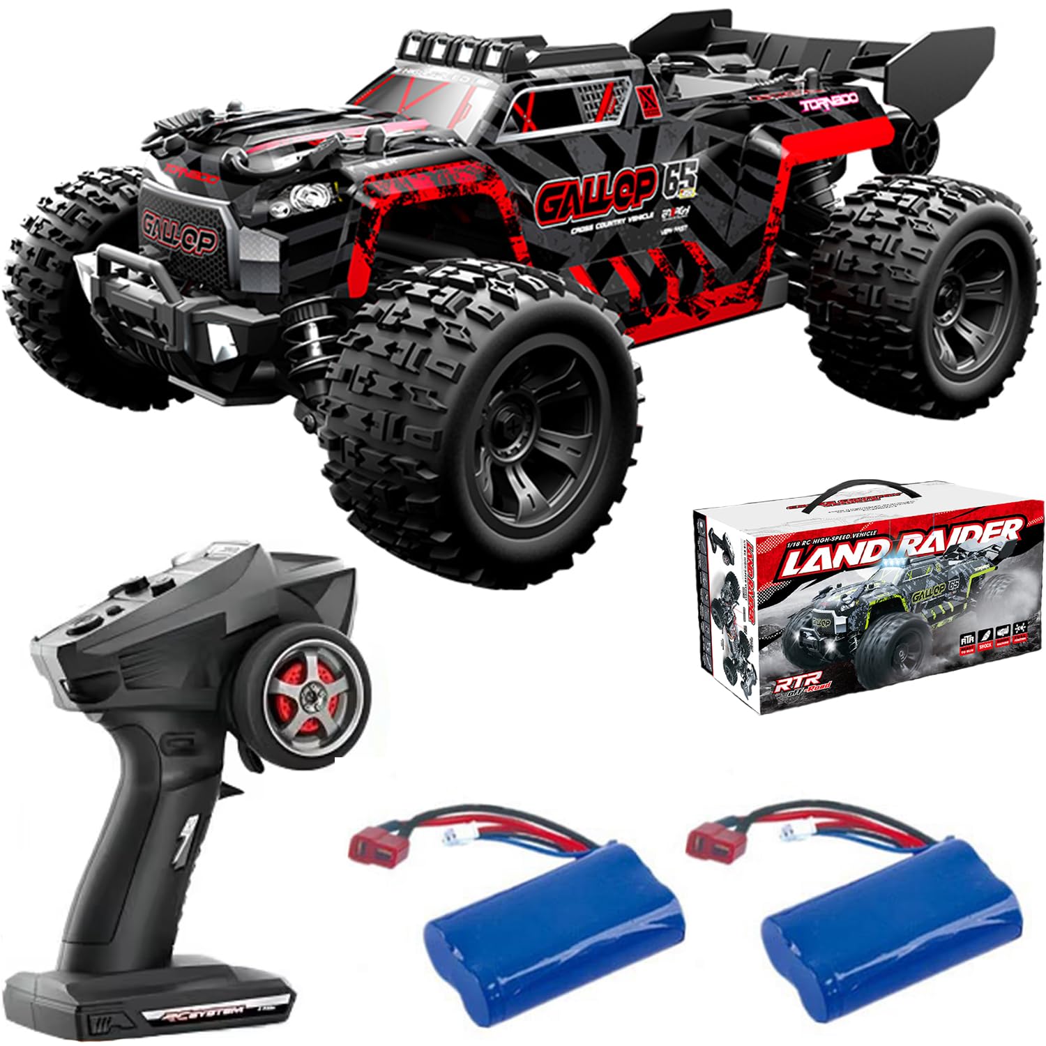 1:18 Scale Remote Control Monster Truck 4WD 2.4GHz 30KM/H High Speed All Terrain Off-Road RC Truck RTR Waterproof Electric RC Vehicle with Roof Lights and Heads Up Wheels with 2 Batteries (Red)