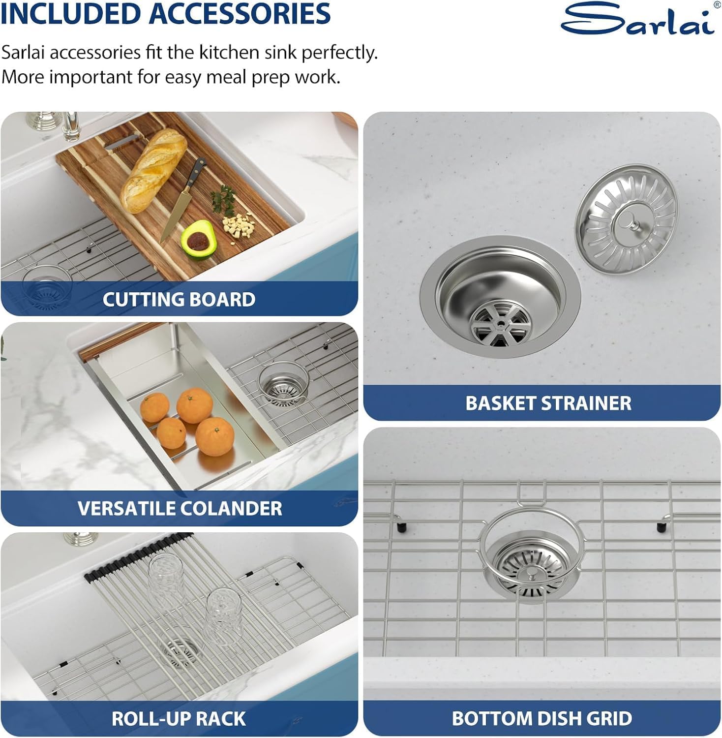 Sarlai Granite Composite Kitchen Sink - 32 x 19 Inch Granite Undermount Kitchen Sink Ledge Workstation 32 Inch Under-Mount White Quartz Classic Single Bowl Sinks Under Counter Basin With Accessories