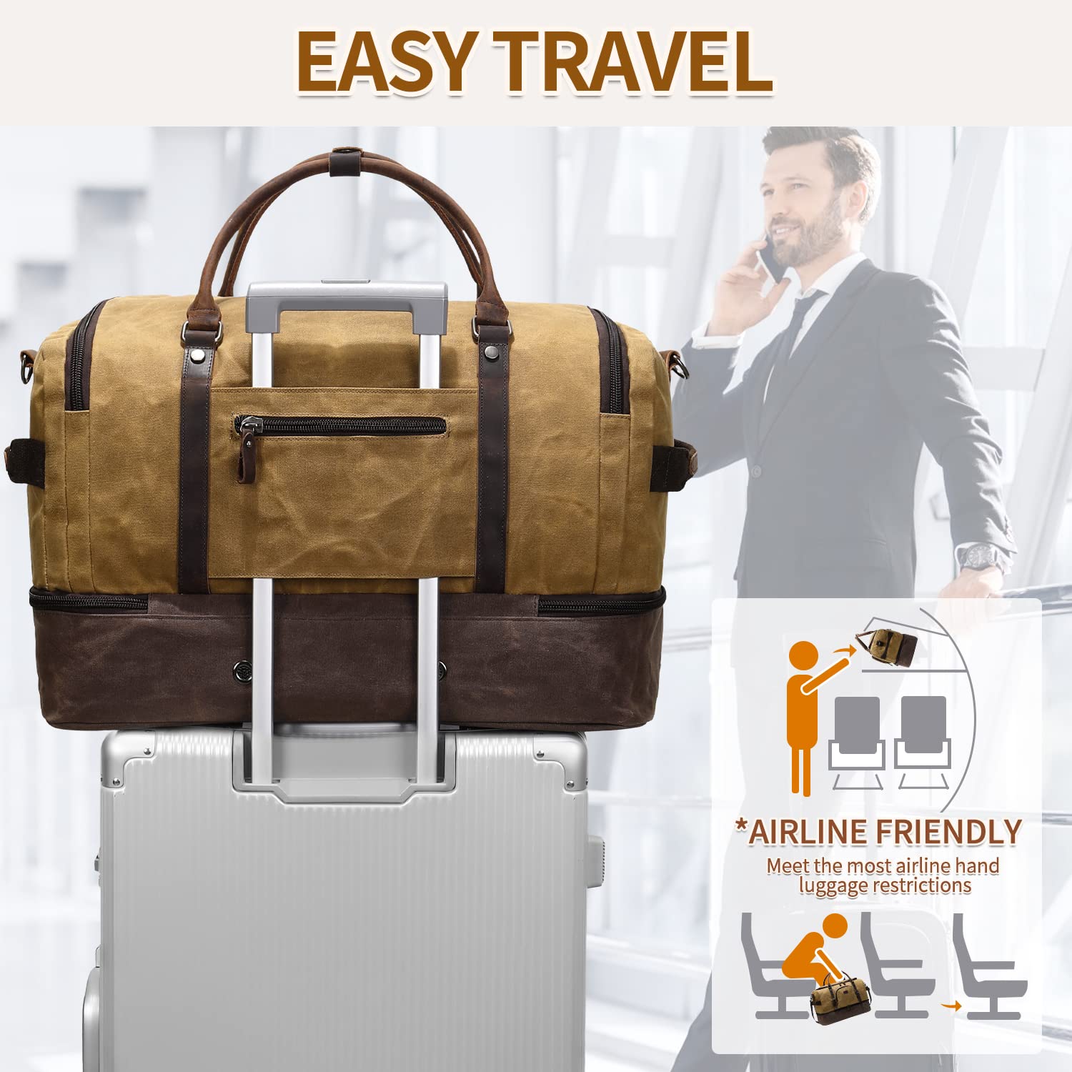 Nerlion Weekender Tasche mit Schuhfach Große Übernachtungstasche für Herren Canvas Echtleder Handgepäck Tasche Reise Seesack, Braun, Reisetasche