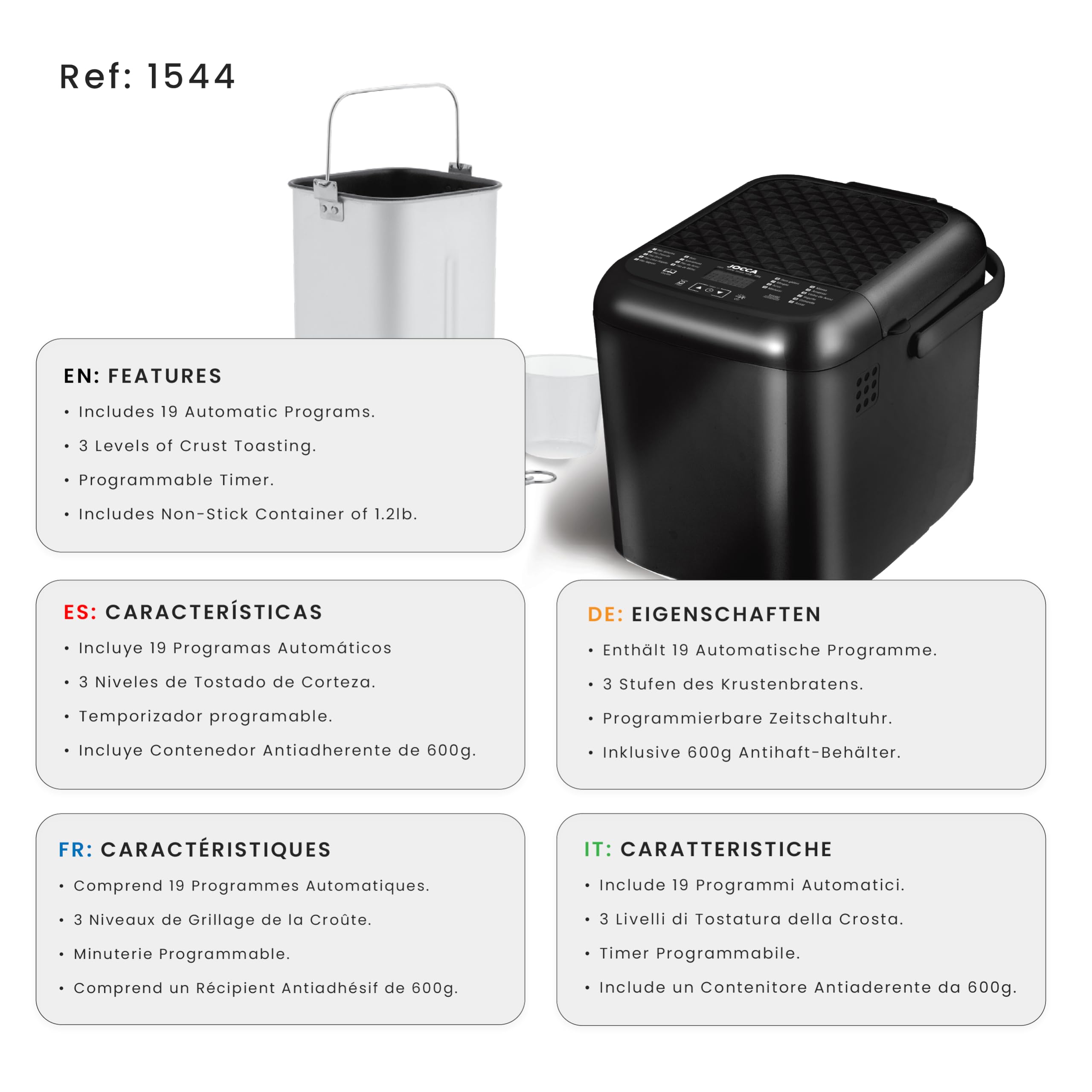 JOCCA Machine à Pain 19 Programmes 500W 600g Cuve Antiadhésive Minuterie 15h