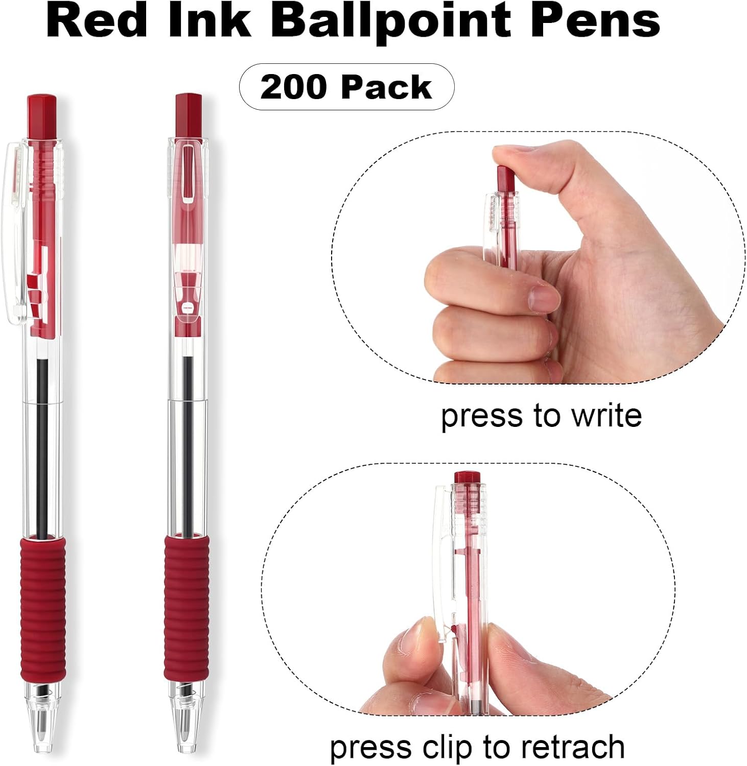 Sayglossy 200 Pack Red Gel Ink Pens Bulk, 1.0mm Retractable Click Point Ballpoint Pens Smooth Writing with Comfortable Grip for Back to School Office Classroom Business Home Work Supplies